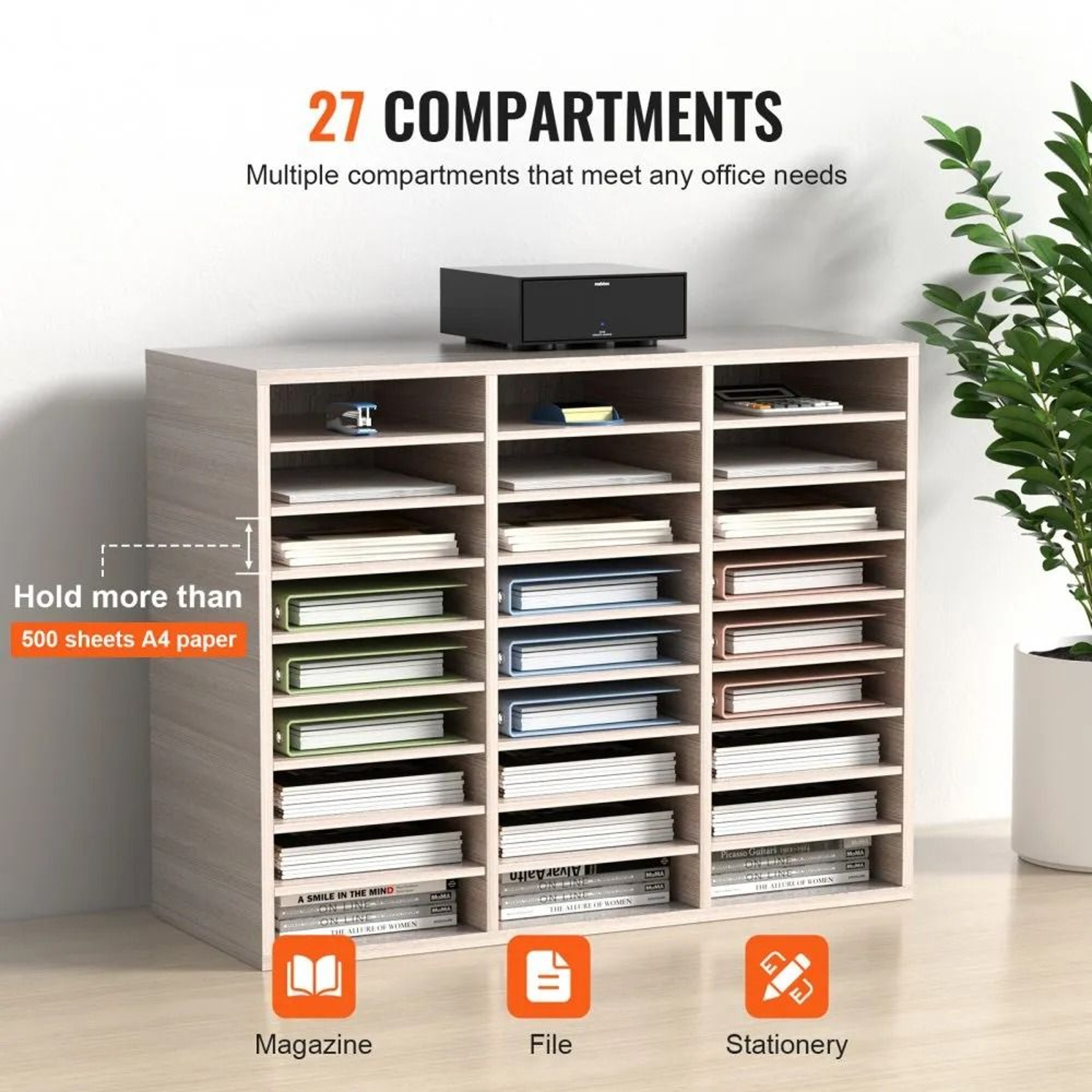 27 Slot Wood Literature Organizer Adjustable File Sorter For Office And School Storage 2
