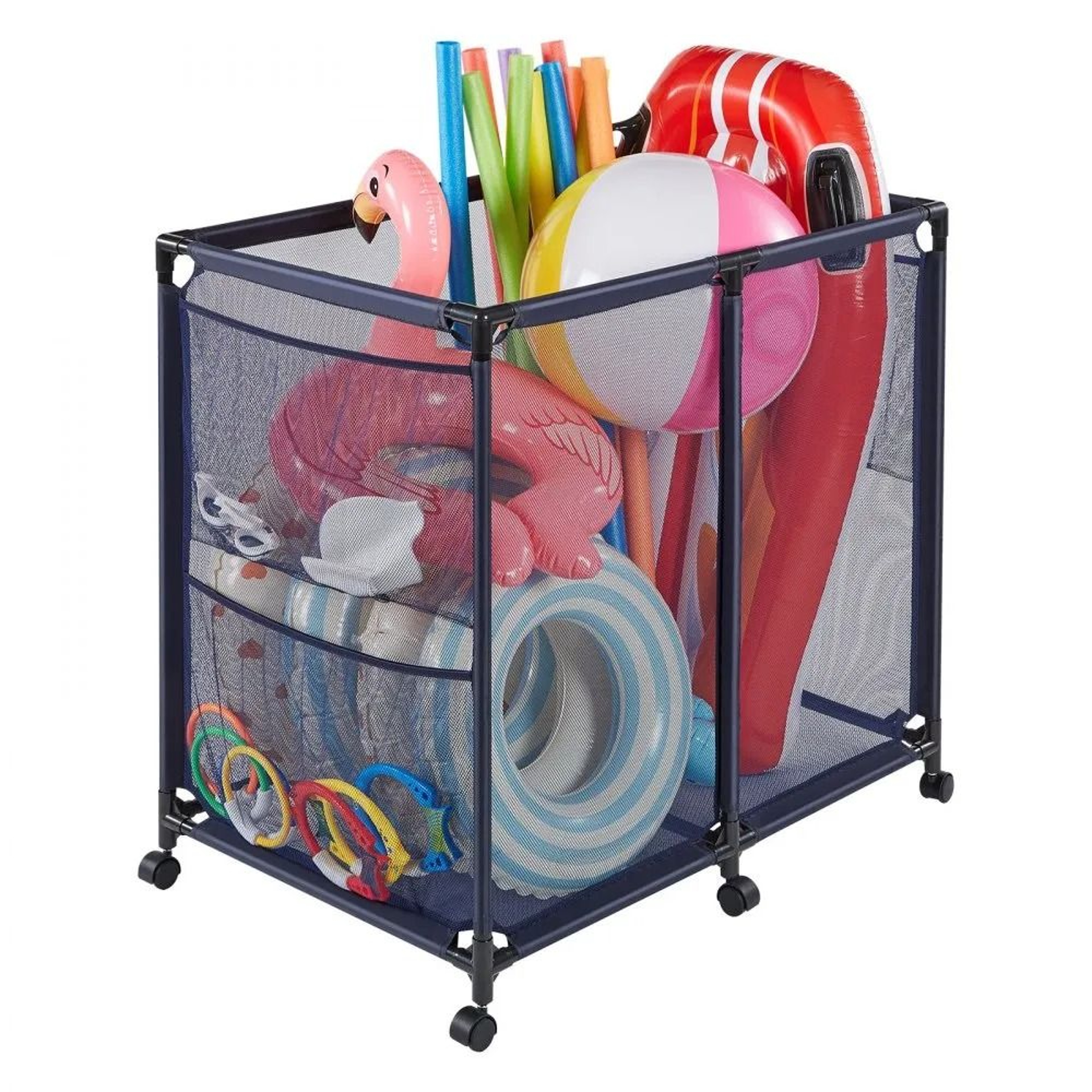 Pool Storage Bin Large Rolling Pool Float Storage Organizer With Mesh Basket 0