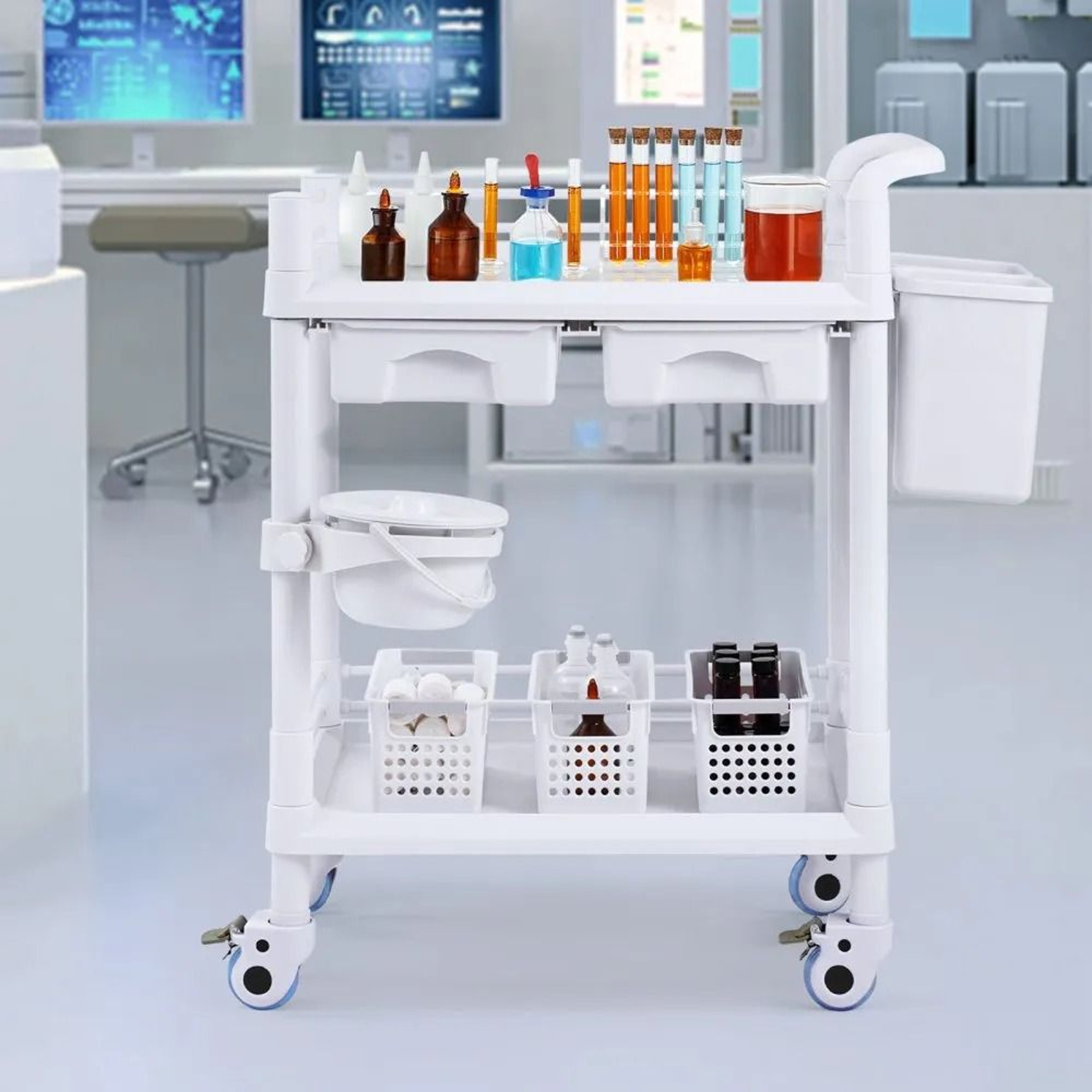 Lab Cart With 2 Trays And Drawers Medical Utility Cart With Silent Wheels White 5