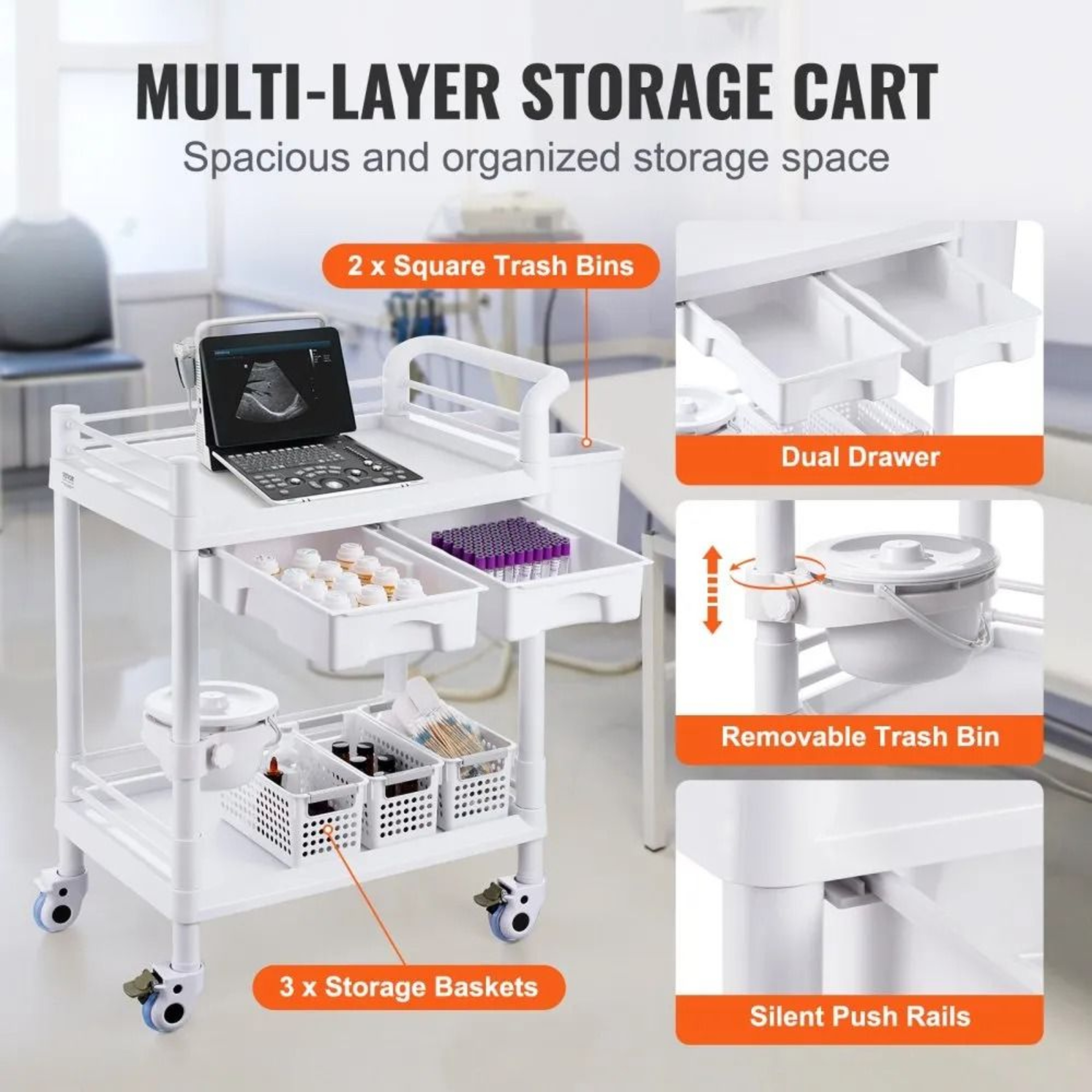 Lab Cart With 2 Trays And Drawers Medical Utility Cart With Silent Wheels White 3