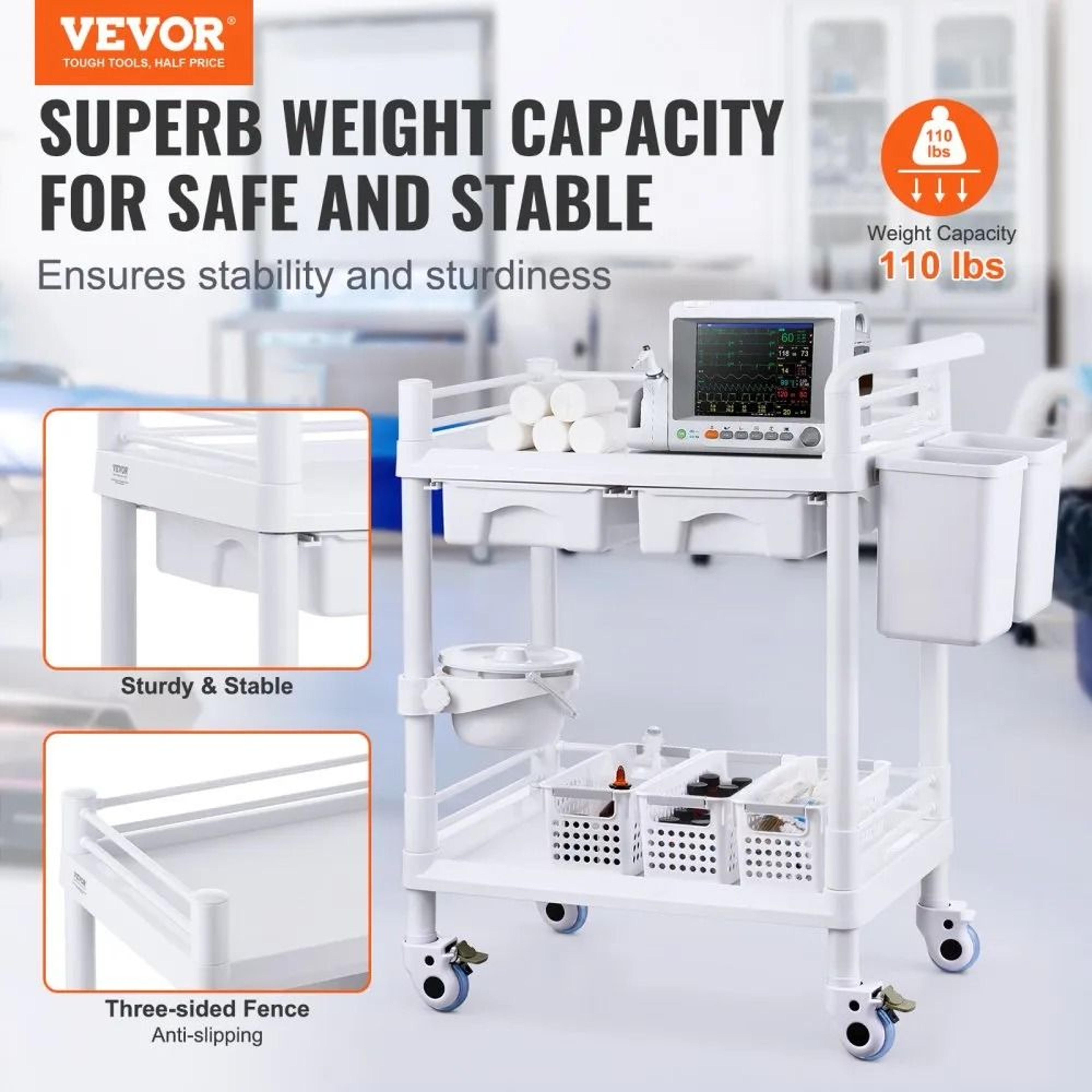 Lab Cart With 2 Trays And Drawers Medical Utility Cart With Silent Wheels White 6