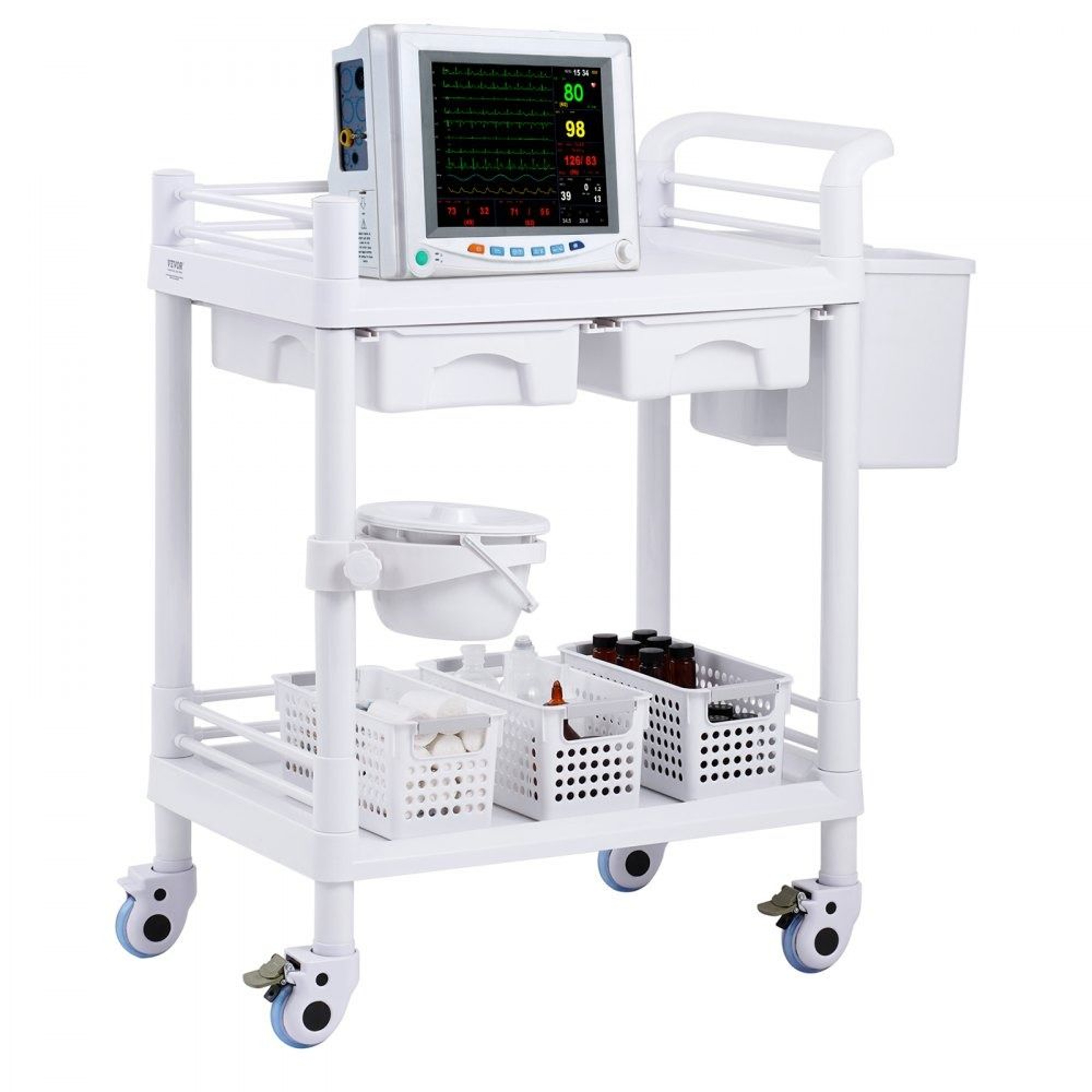 Lab Cart With 2 Trays And Drawers Medical Utility Cart With Silent Wheels White 0