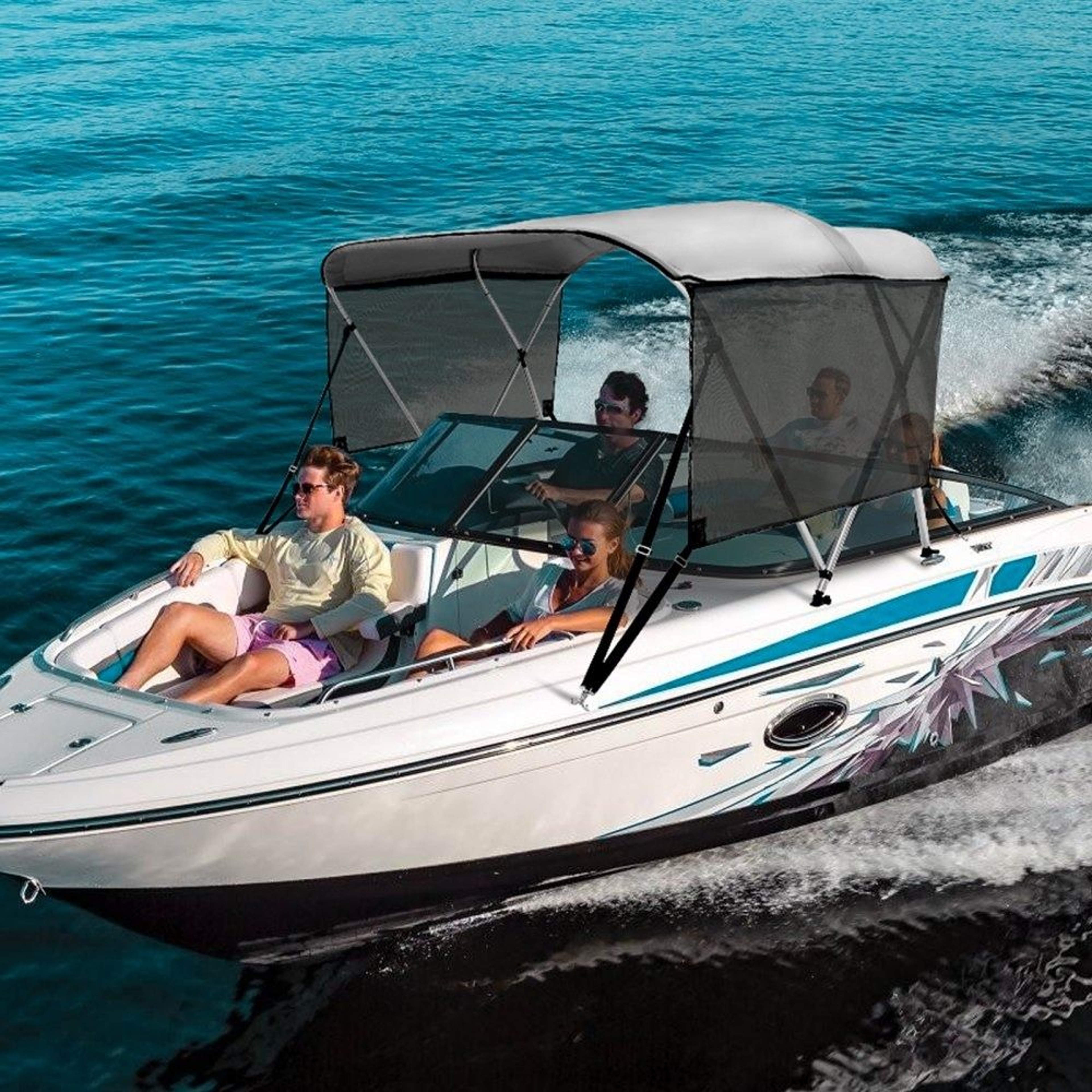 3 Bow Bimini Top Boat Cover With Mesh Sidewalls 600D Canopy 7