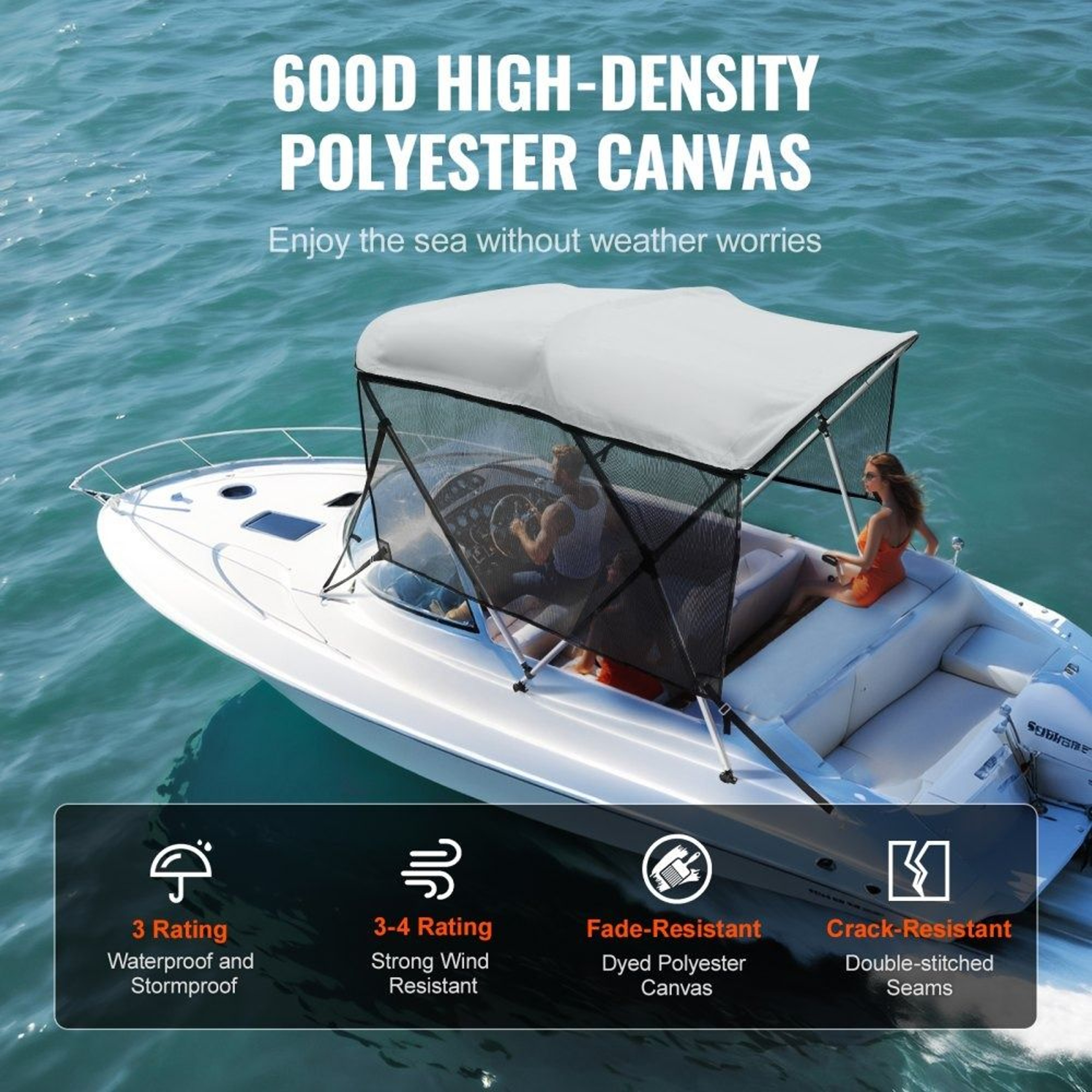 3 Bow Bimini Top Boat Cover With Mesh Sidewalls 600D Canopy 2