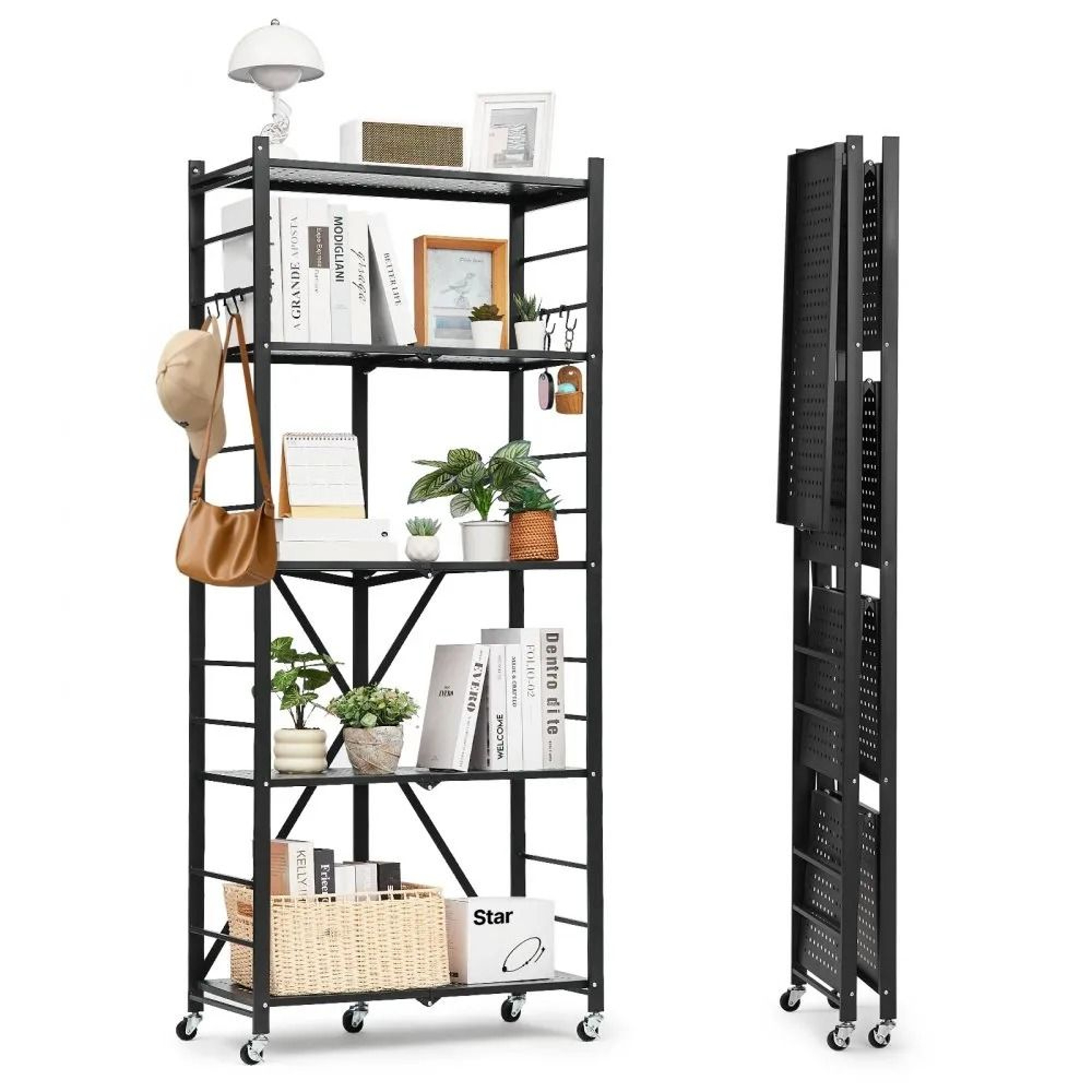5 Tier Foldable Storage Shelf With Wheels Heavy Duty Metal Rack 0