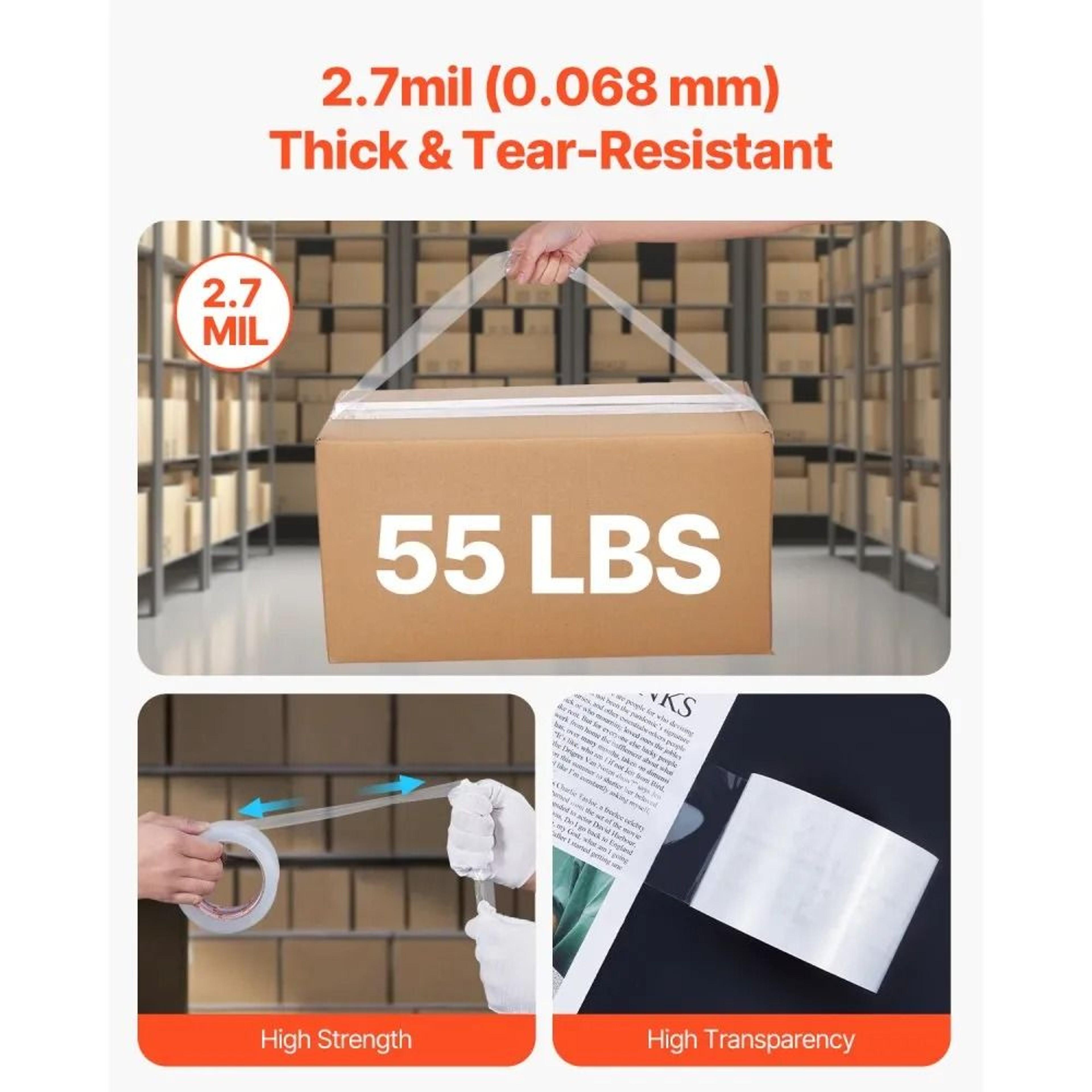 Heavy Duty Clear Packing Tape 6 Rolls 3 Inch Core Shipping Box Sealing Tape 6