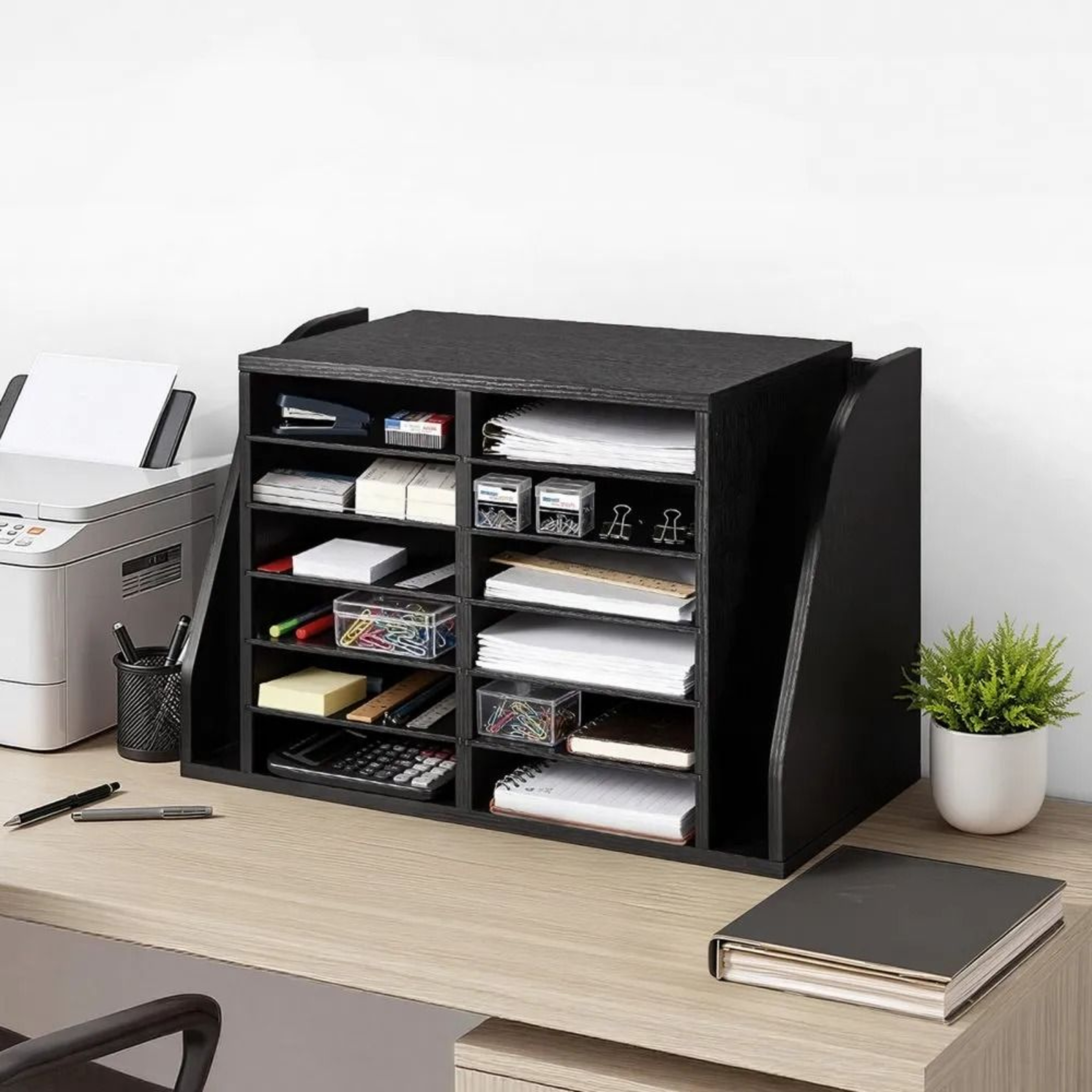 12 Compartment Literature Organizer With Side File Storage Wooden Desk Mail Sorter 5