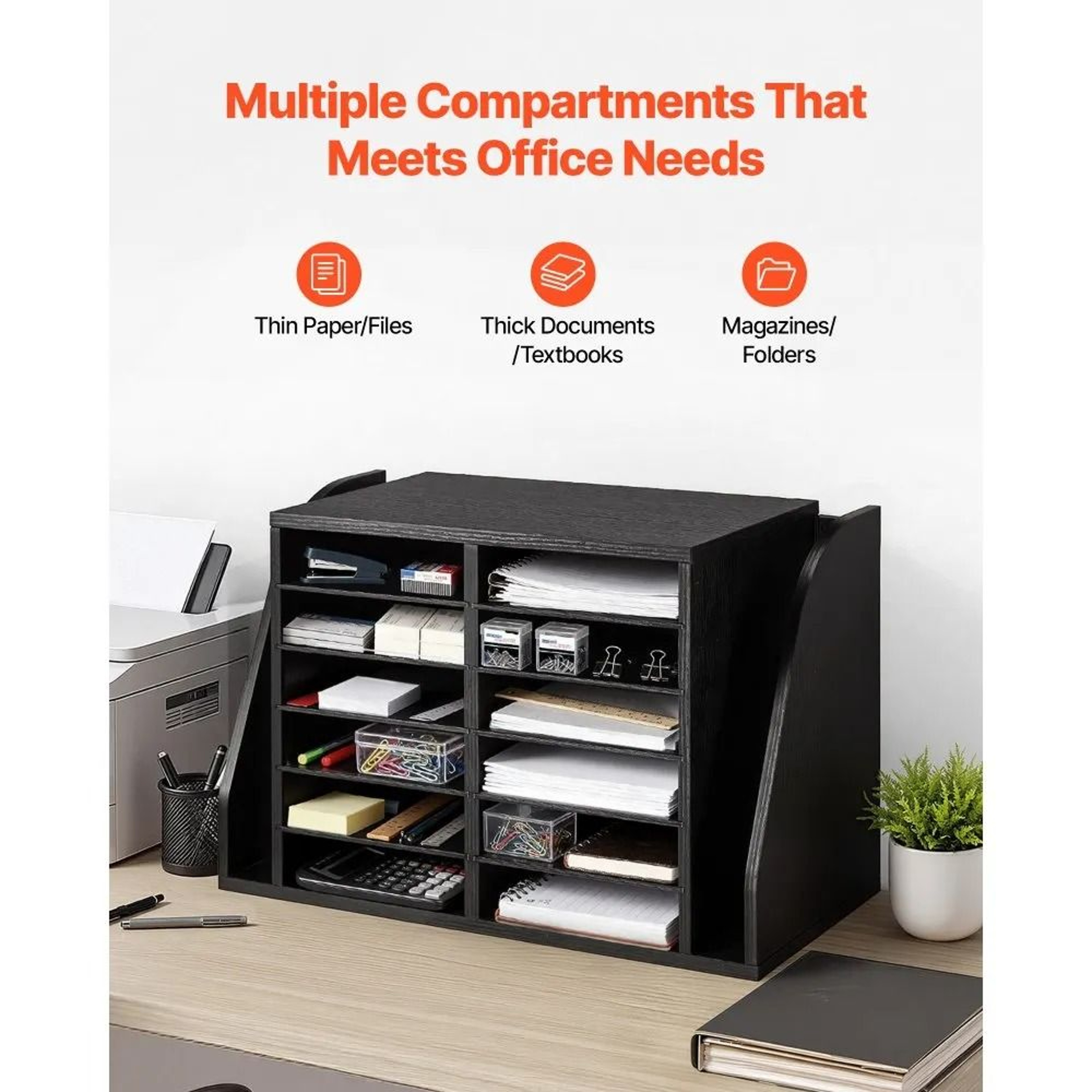 12 Compartment Literature Organizer With Side File Storage Wooden Desk Mail Sorter 3