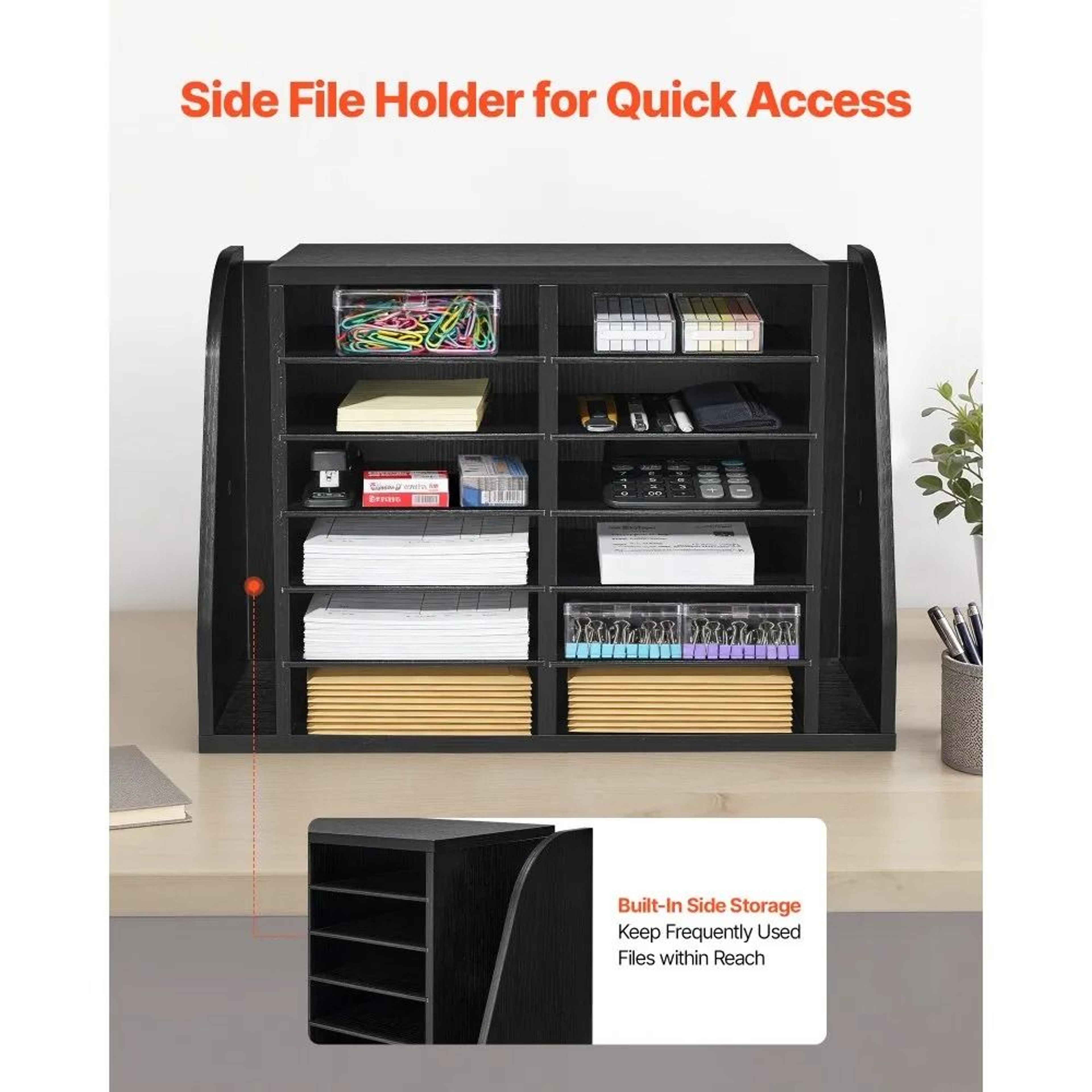 12 Compartment Literature Organizer With Side File Storage Wooden Desk Mail Sorter 2