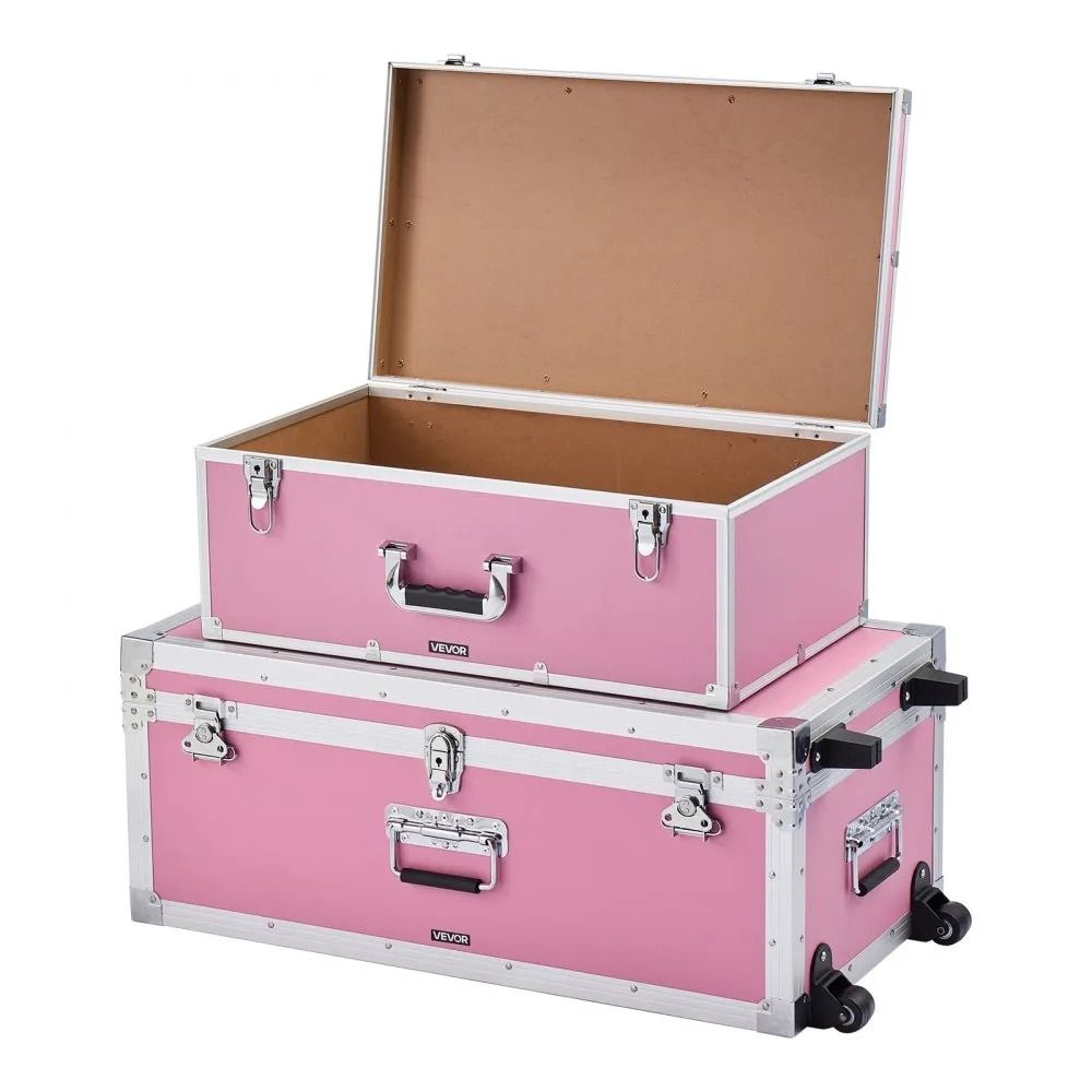Metal Storage Trunk Set Of 2 Large Storage Chest With Locks Casters And Handles Pink 8