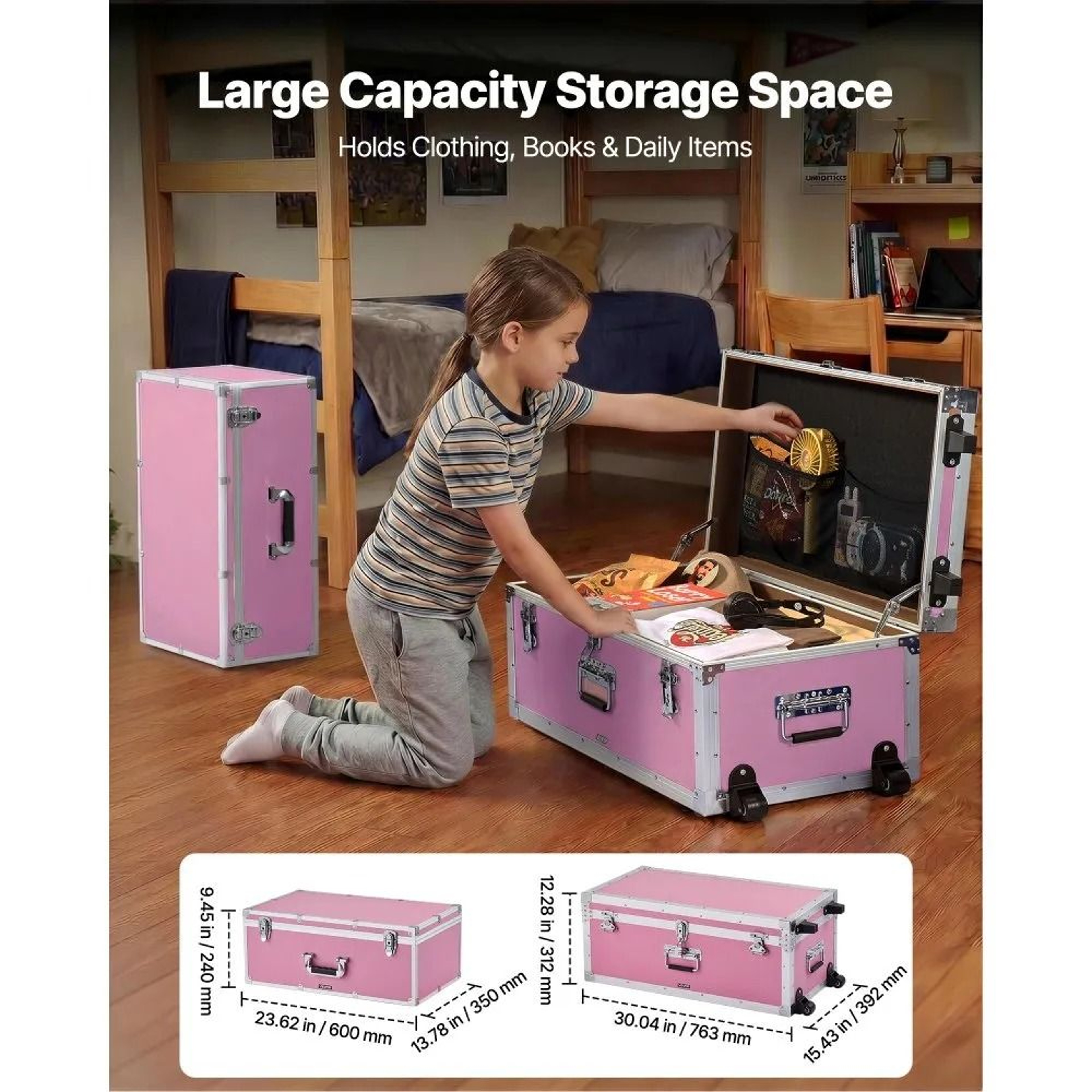 Metal Storage Trunk Set Of 2 Large Storage Chest With Locks Casters And Handles Pink 1