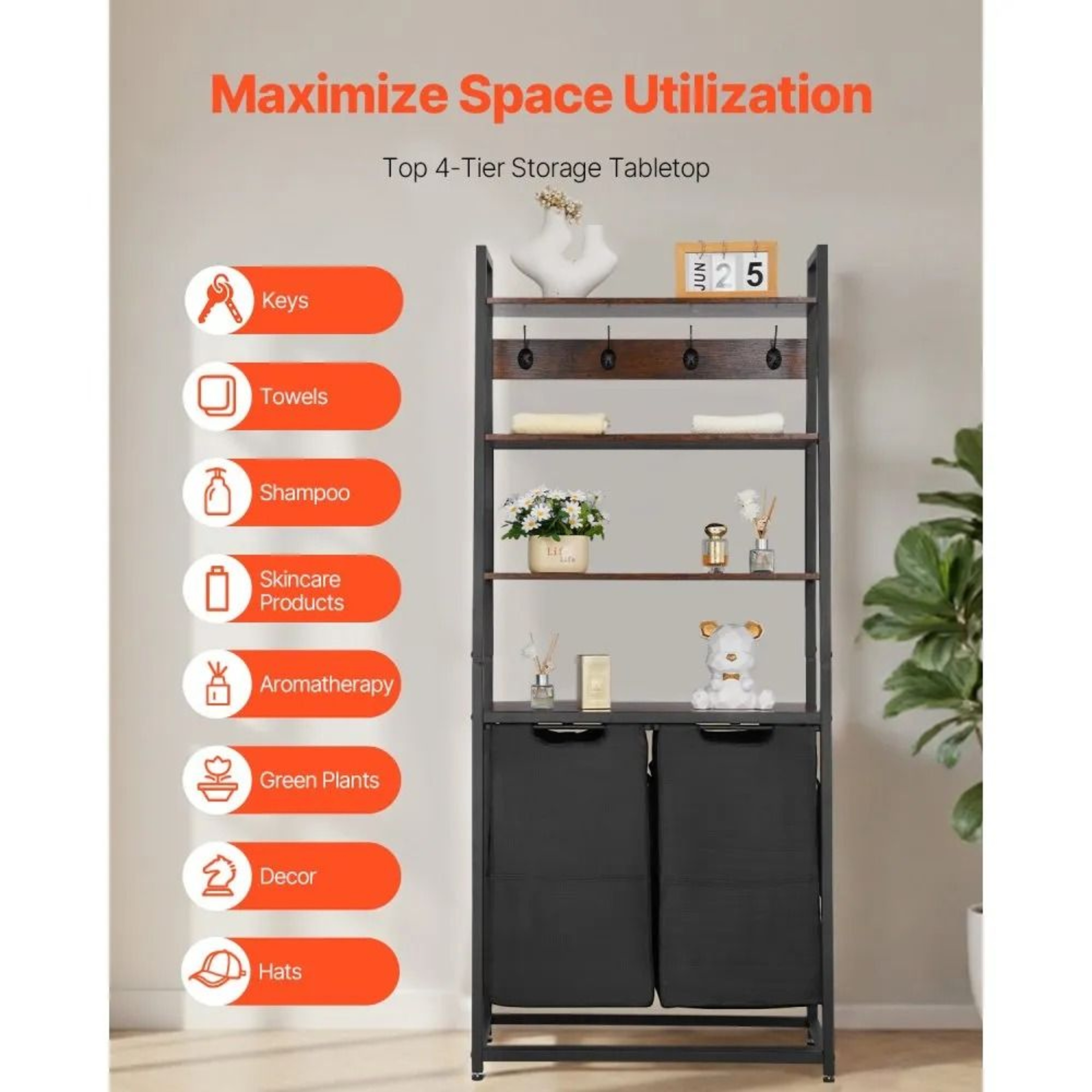 4 Tier Laundry Sorter With Shelves Tall Hamper Organizer With Hooks 2