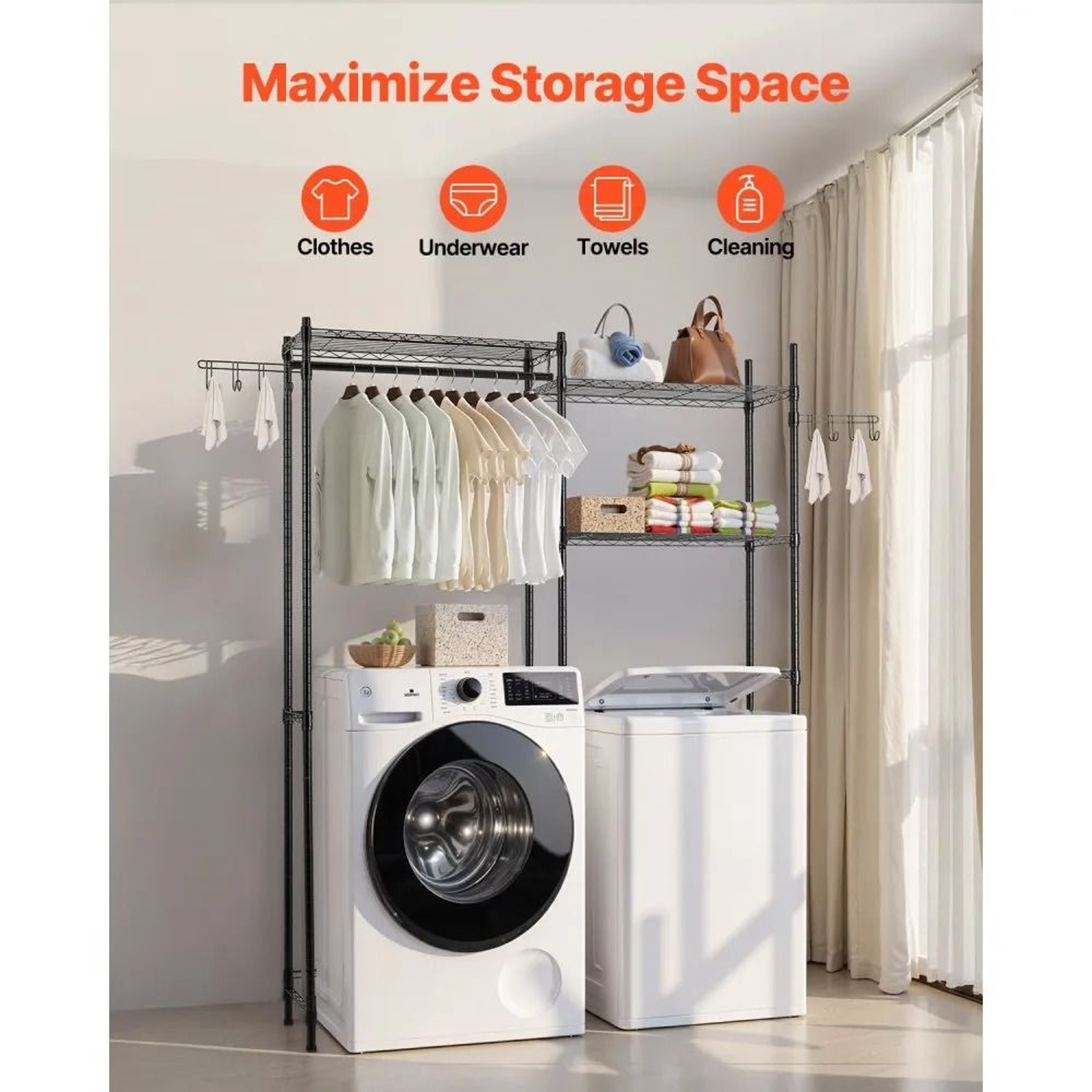 Over Washer Dryer Storage Shelf 5 Tier Laundry Room Organizer With Hanger Rod And Hooks 1