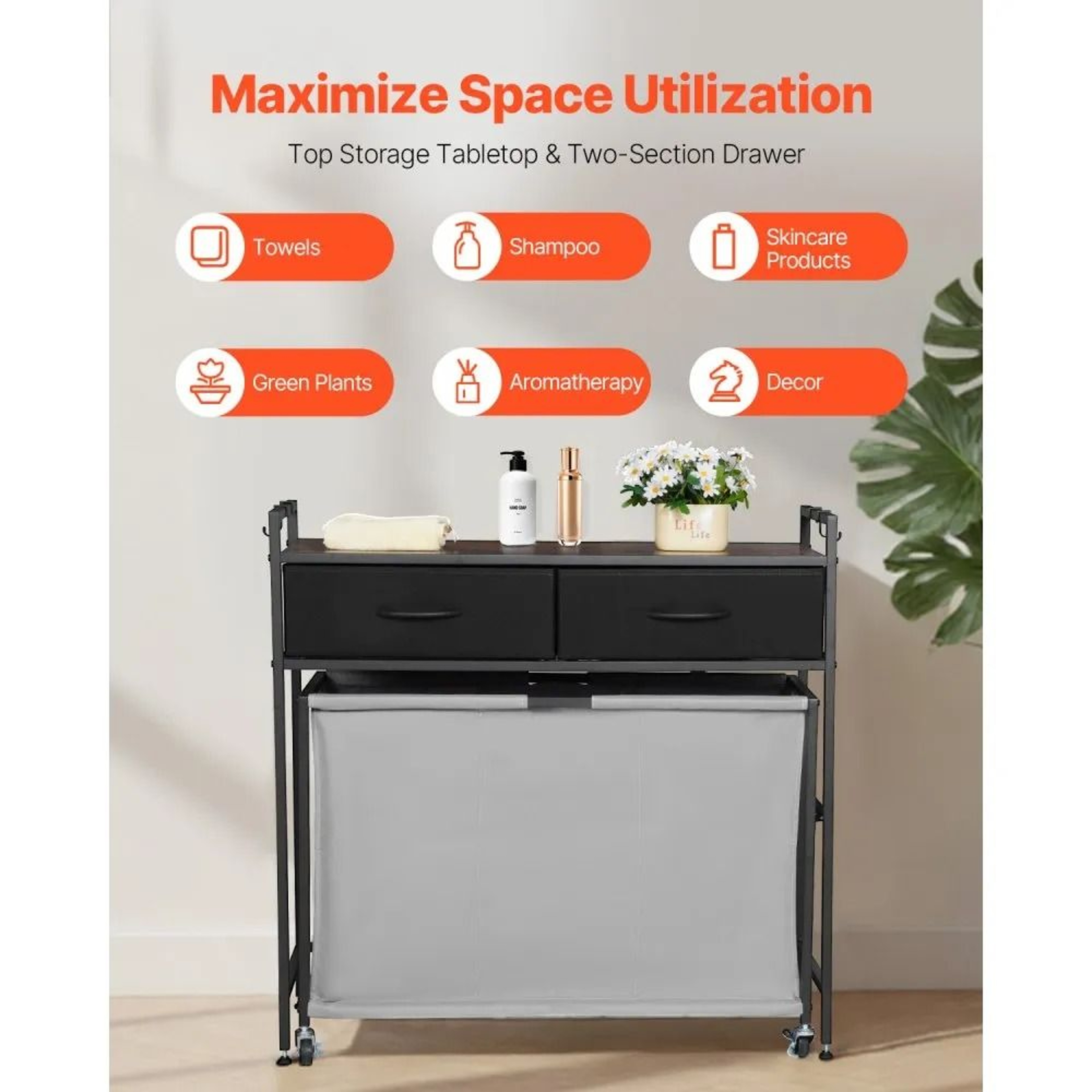 3 Section Laundry Sorter Rolling Laundry Hamper With Drawers And Storage Shelf 3