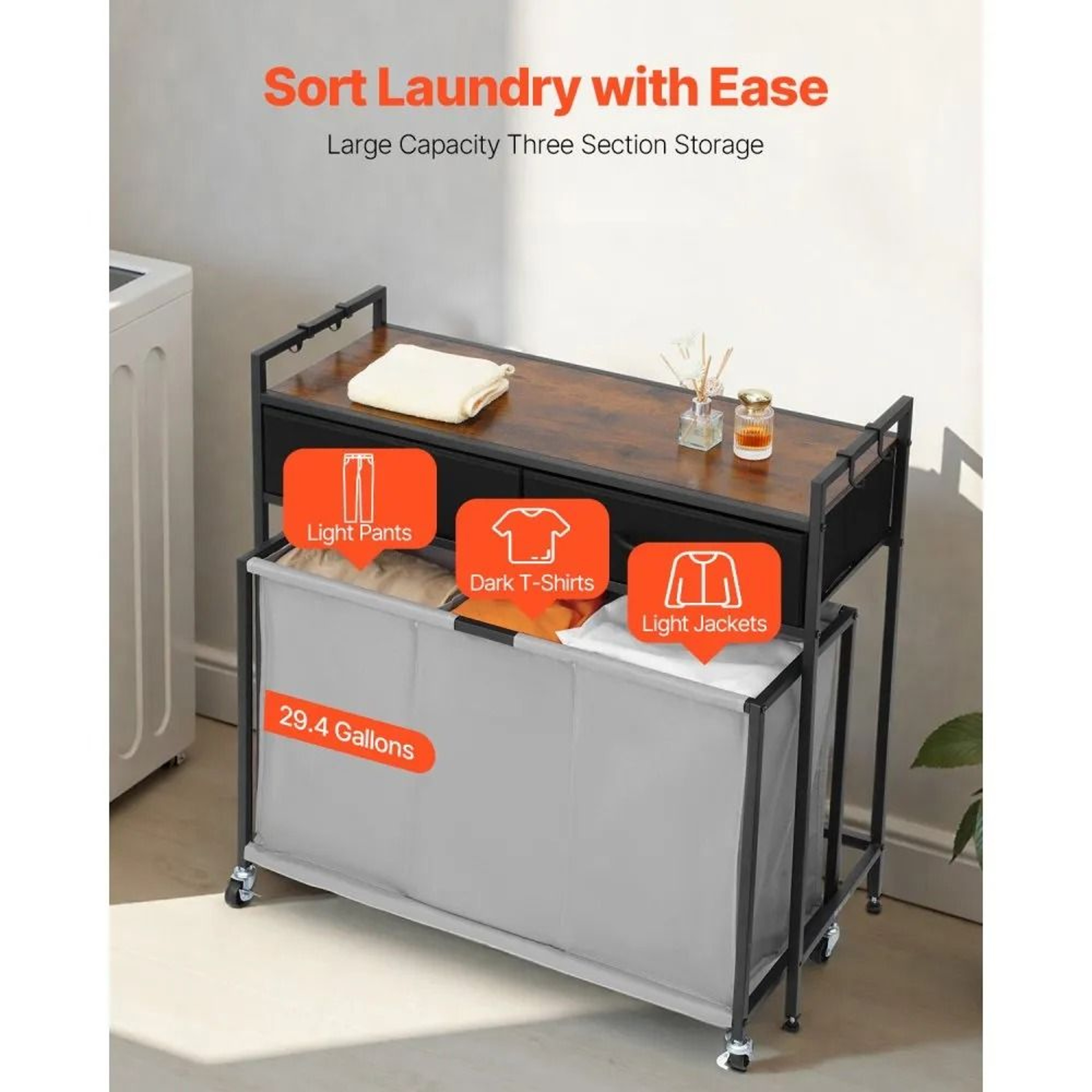 3 Section Laundry Sorter Rolling Laundry Hamper With Drawers And Storage Shelf 1