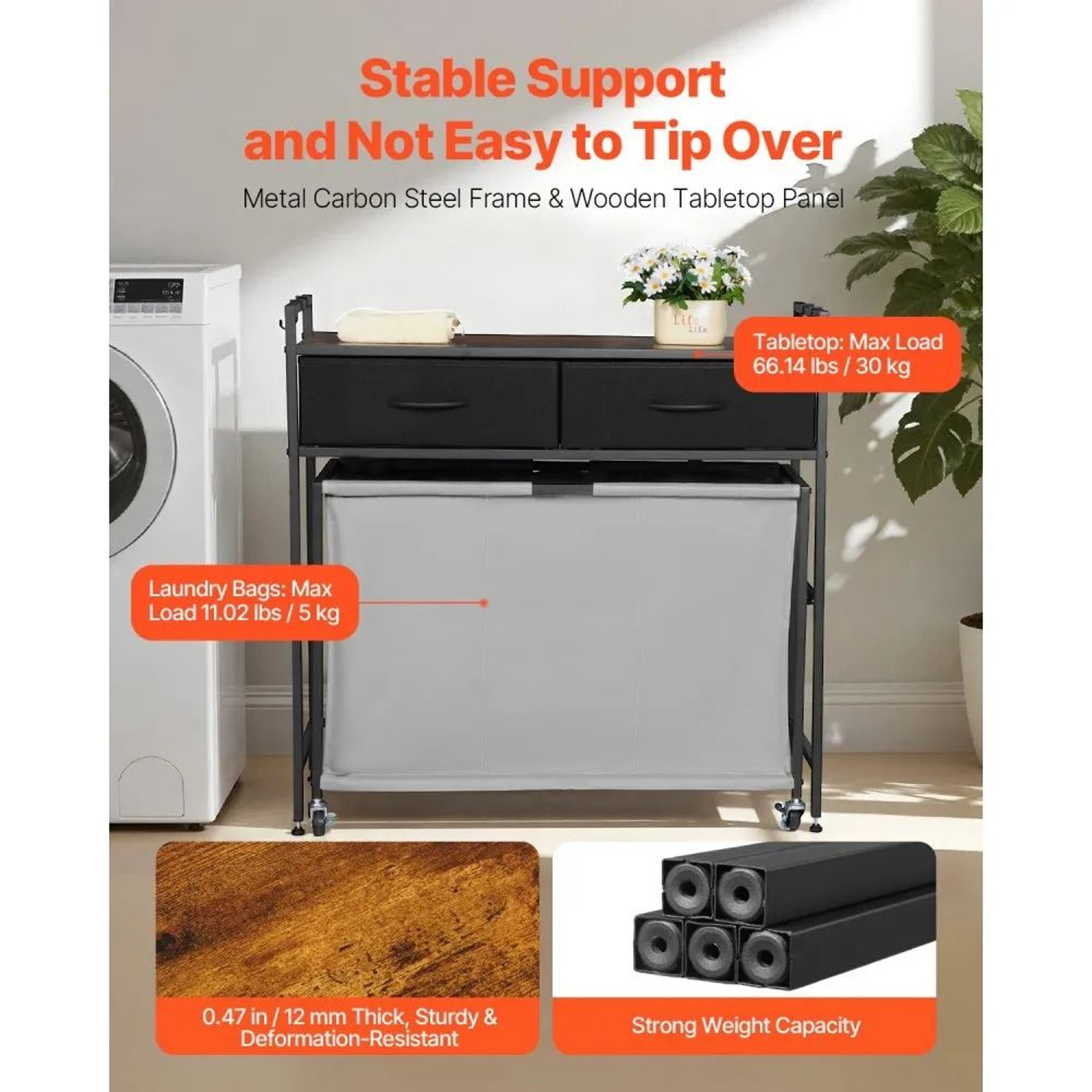 3 Section Laundry Sorter Rolling Laundry Hamper With Drawers And Storage Shelf 2