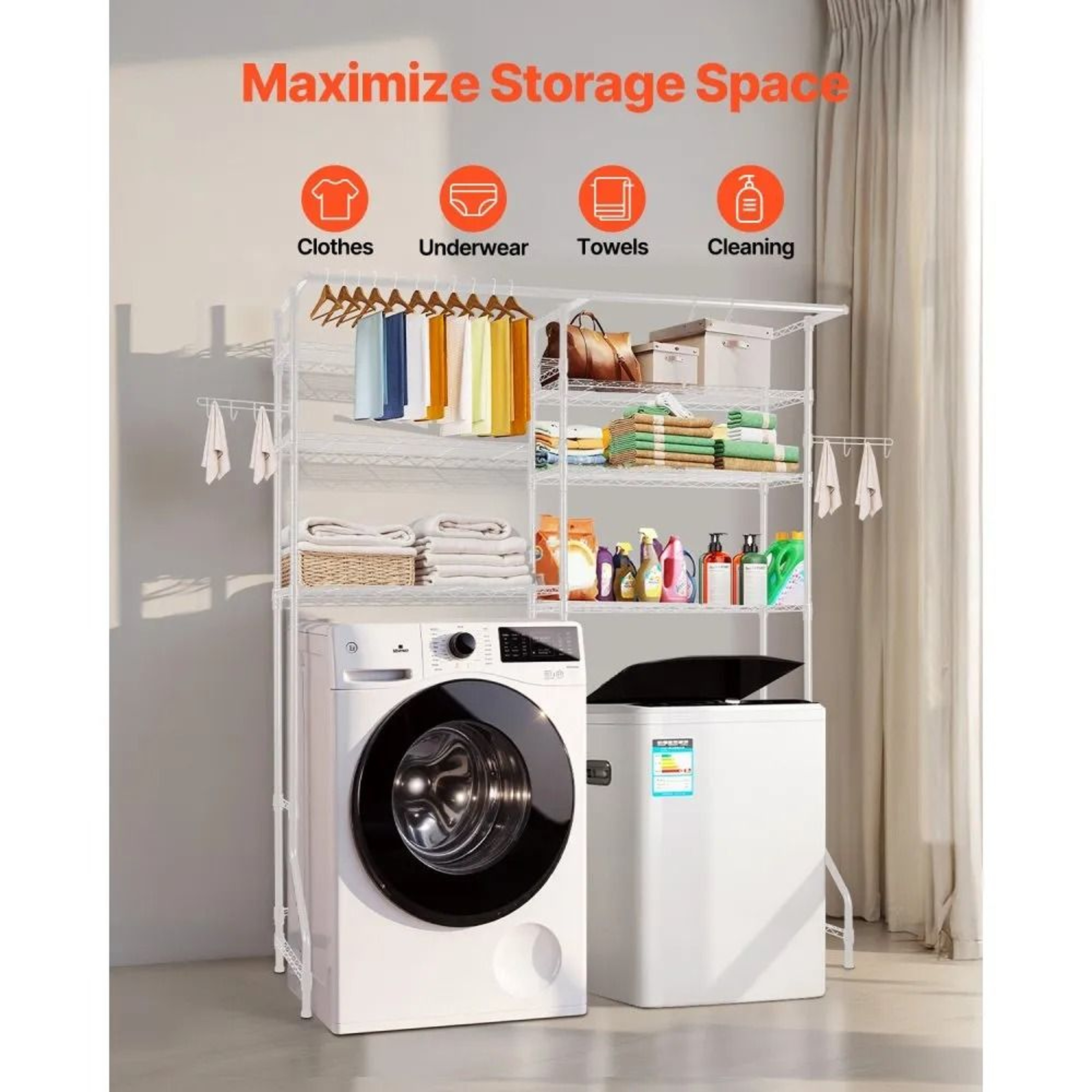 Over Washer And Dryer Storage Shelf 6 Tier Laundry Room Organizer With Hanging Rod 1