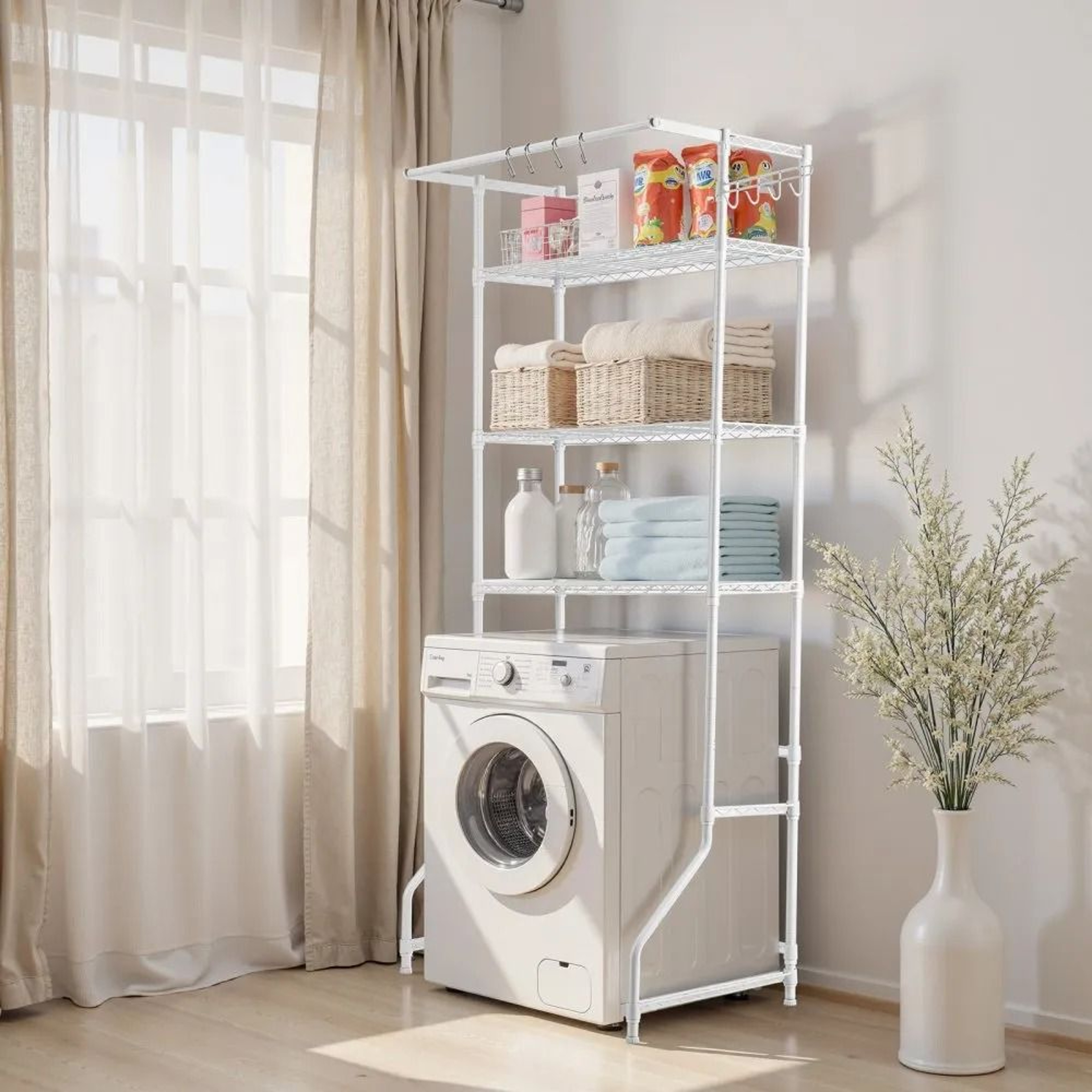 Over Washer And Dryer Storage Shelf 3 Tier Laundry Room Organizer With Hanging Rod And Hooks 2