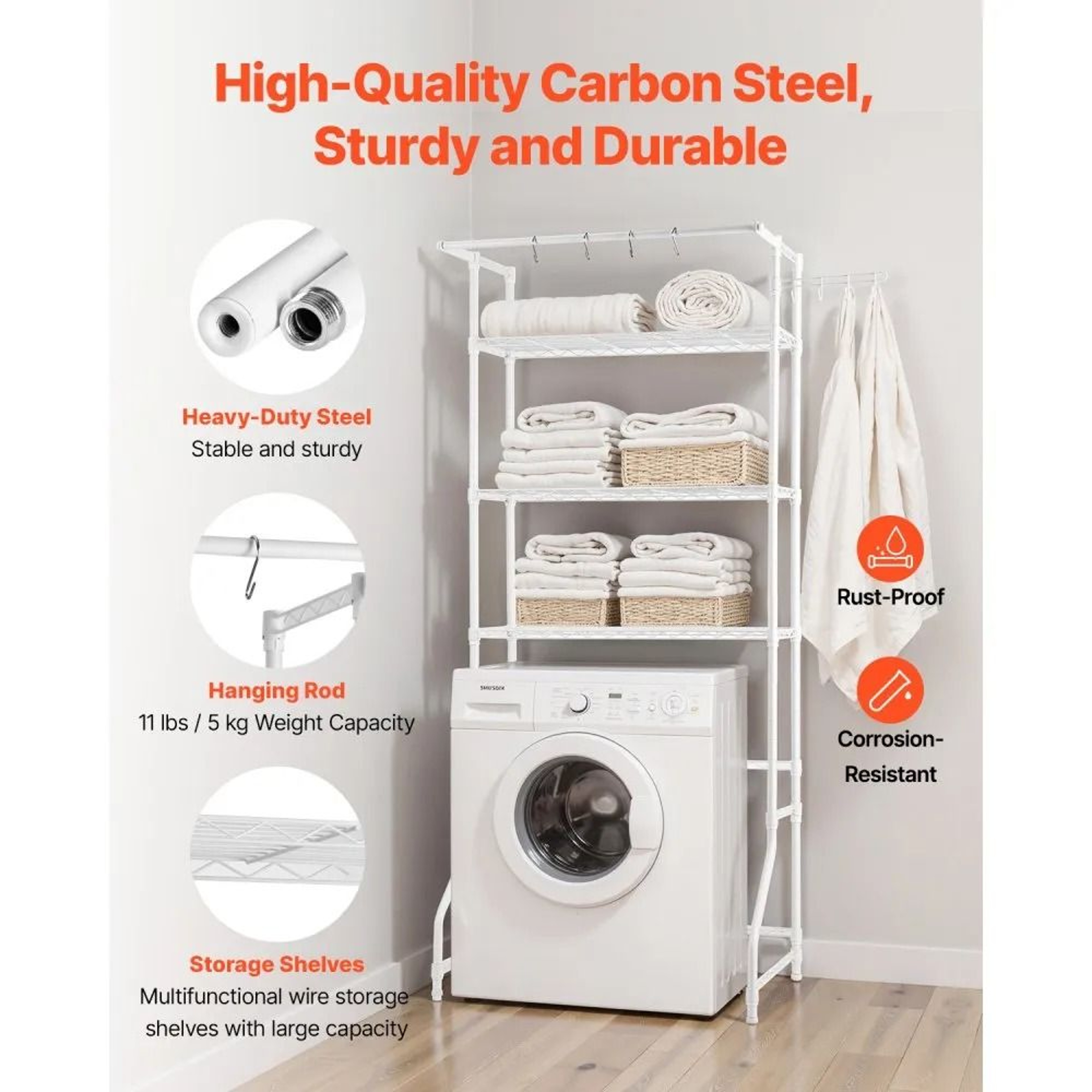 Over Washer And Dryer Storage Shelf 3 Tier Laundry Room Organizer With Hanging Rod And Hooks 4