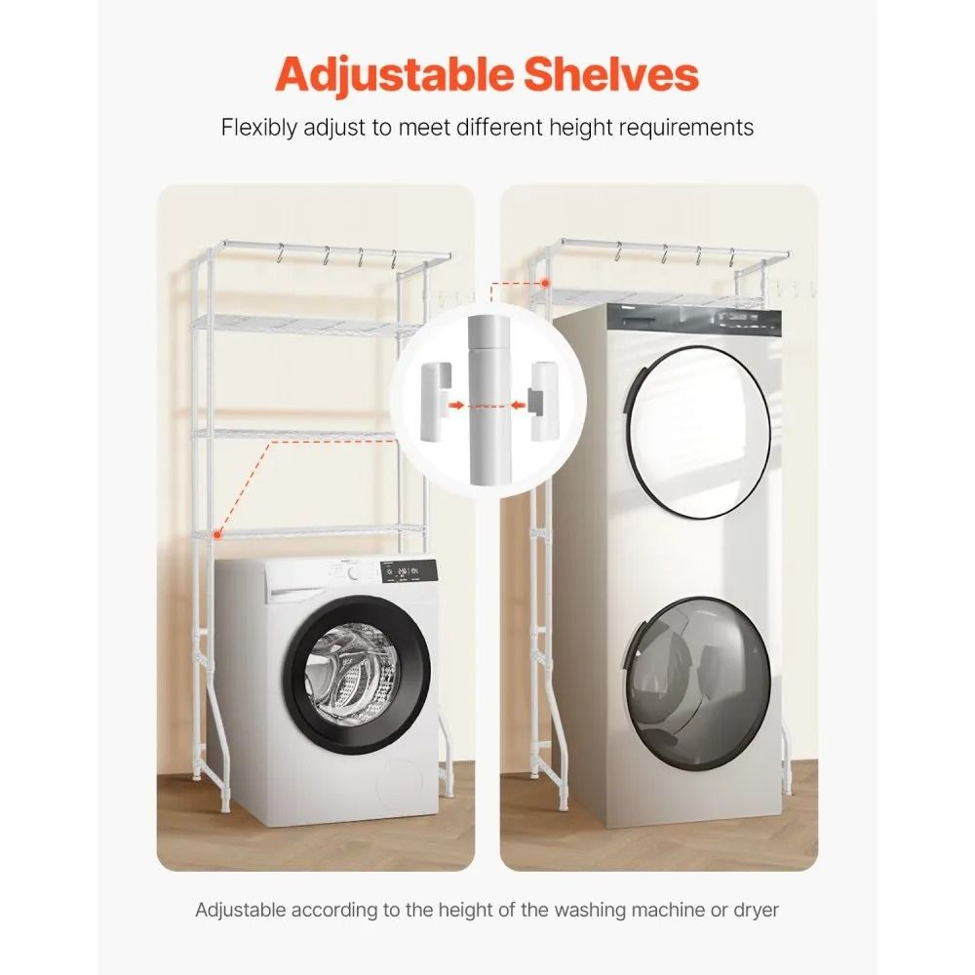 Over Washer And Dryer Storage Shelf 3 Tier Laundry Room Organizer With Hanging Rod And Hooks 6