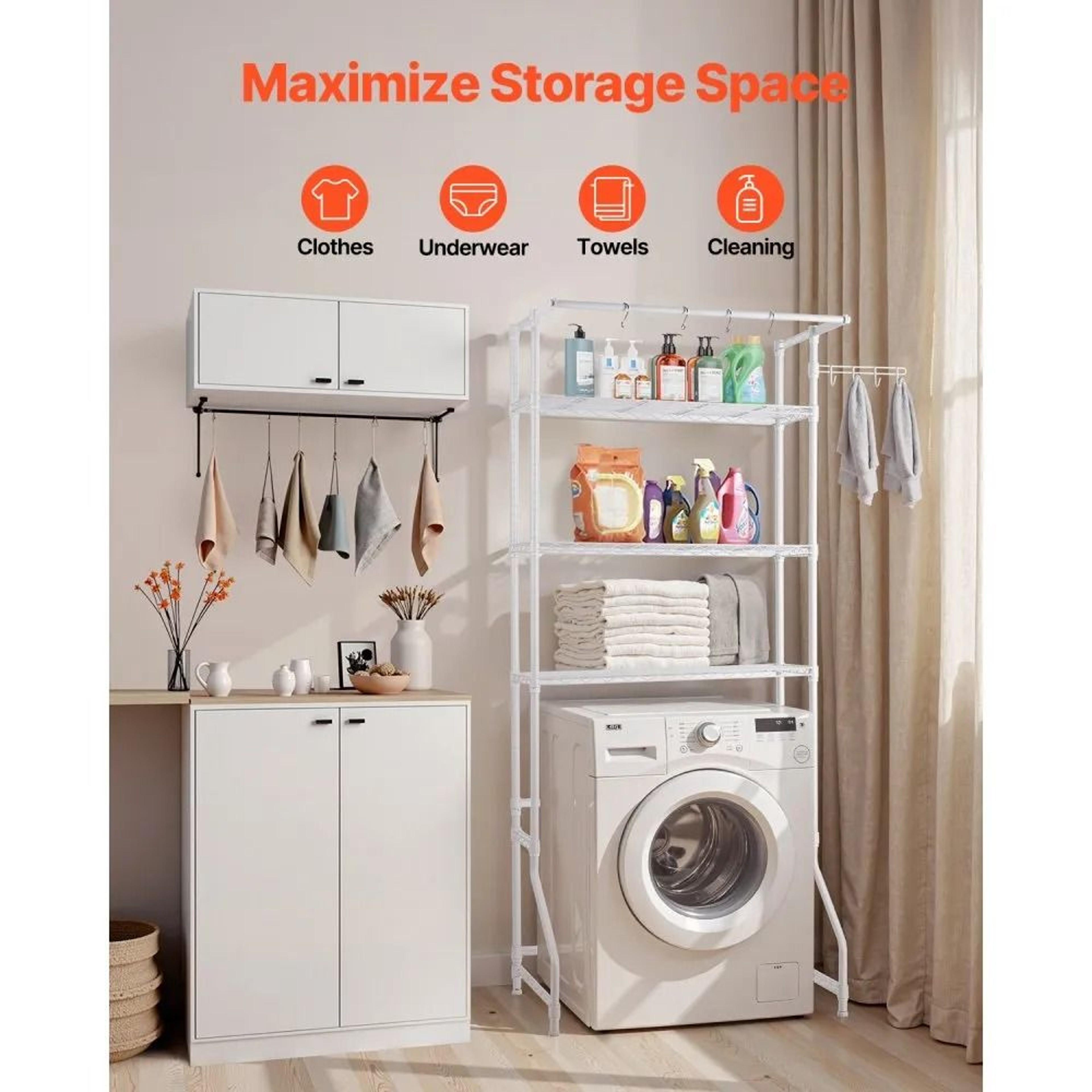 Over Washer And Dryer Storage Shelf 3 Tier Laundry Room Organizer With Hanging Rod And Hooks 1