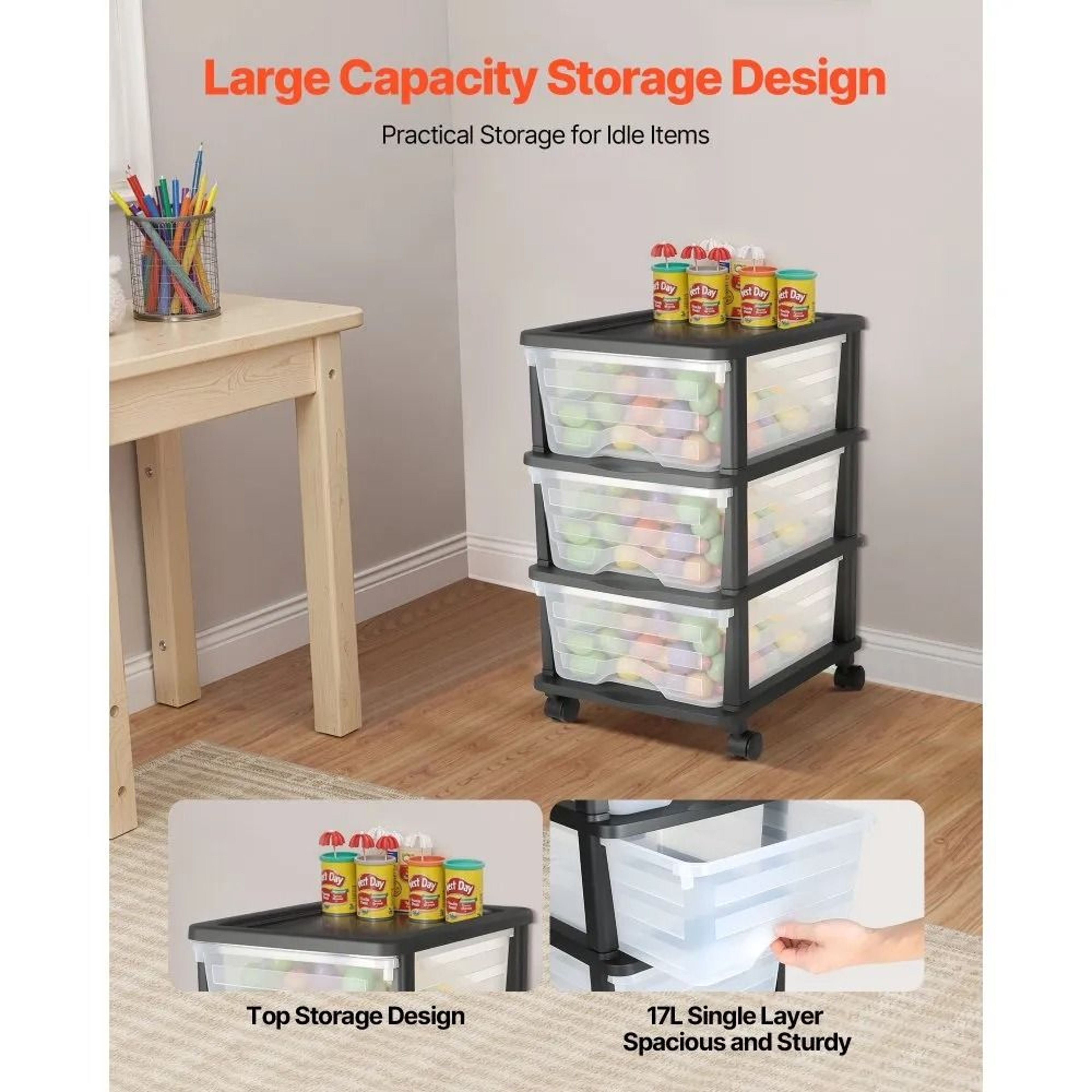 3 Drawer Plastic Storage Drawers Cart Rolling Storage Organizer With Wheels 1