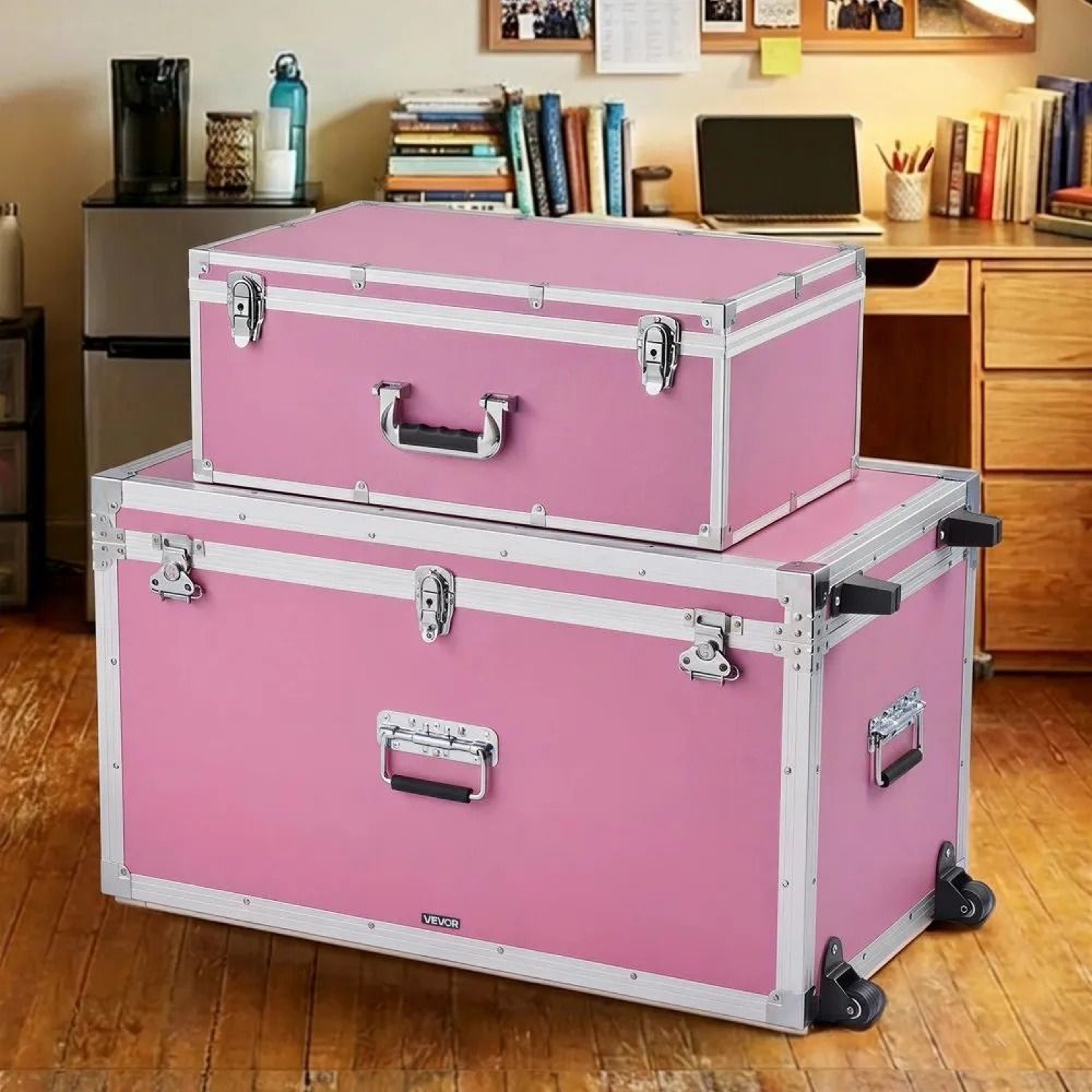 Pink Metal Storage Trunk Set With Locks Large Decorative Chest For Home Storage 3