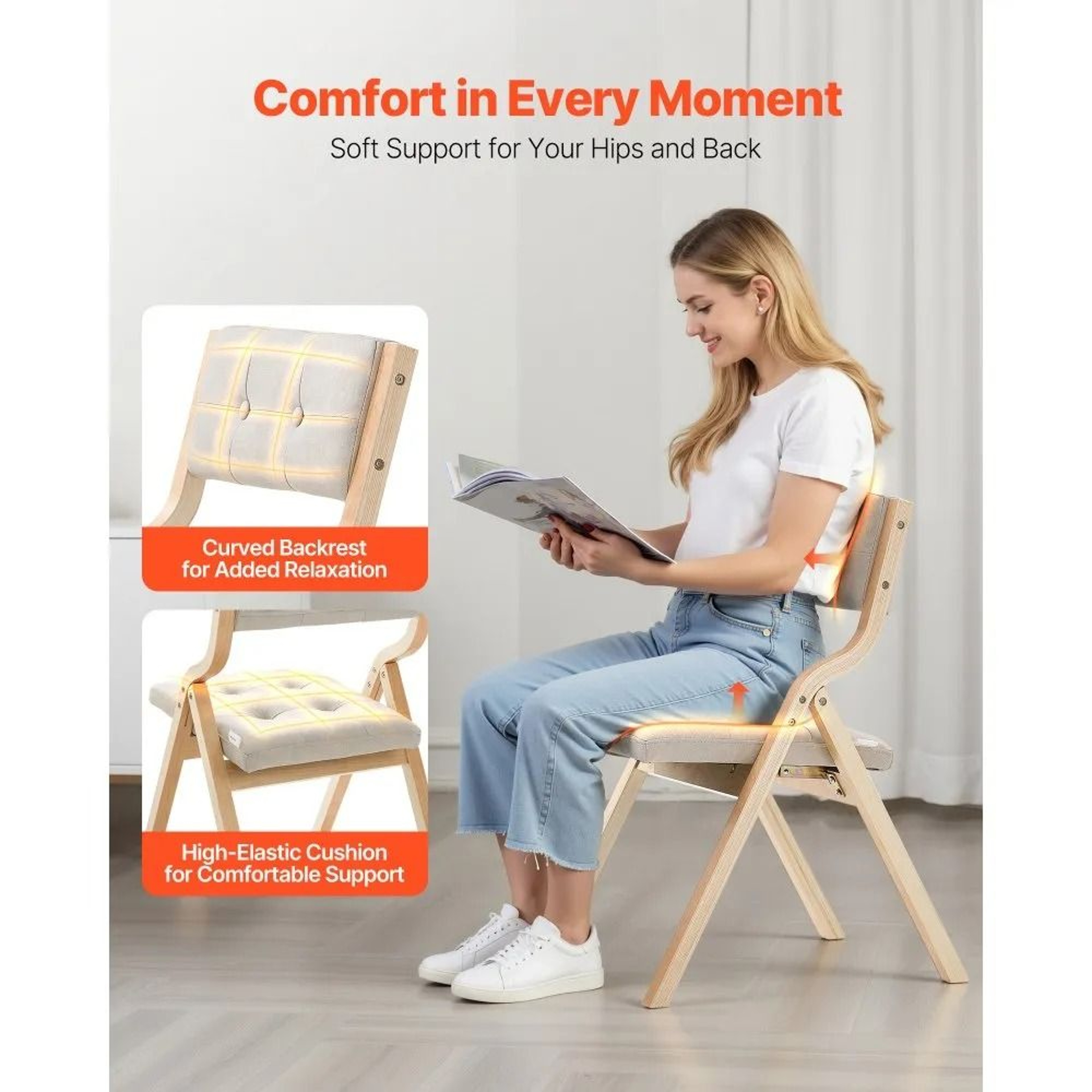 Wooden Folding Chairs Set Of 4 With Padded Cushion Comfortable Dining Seating 2