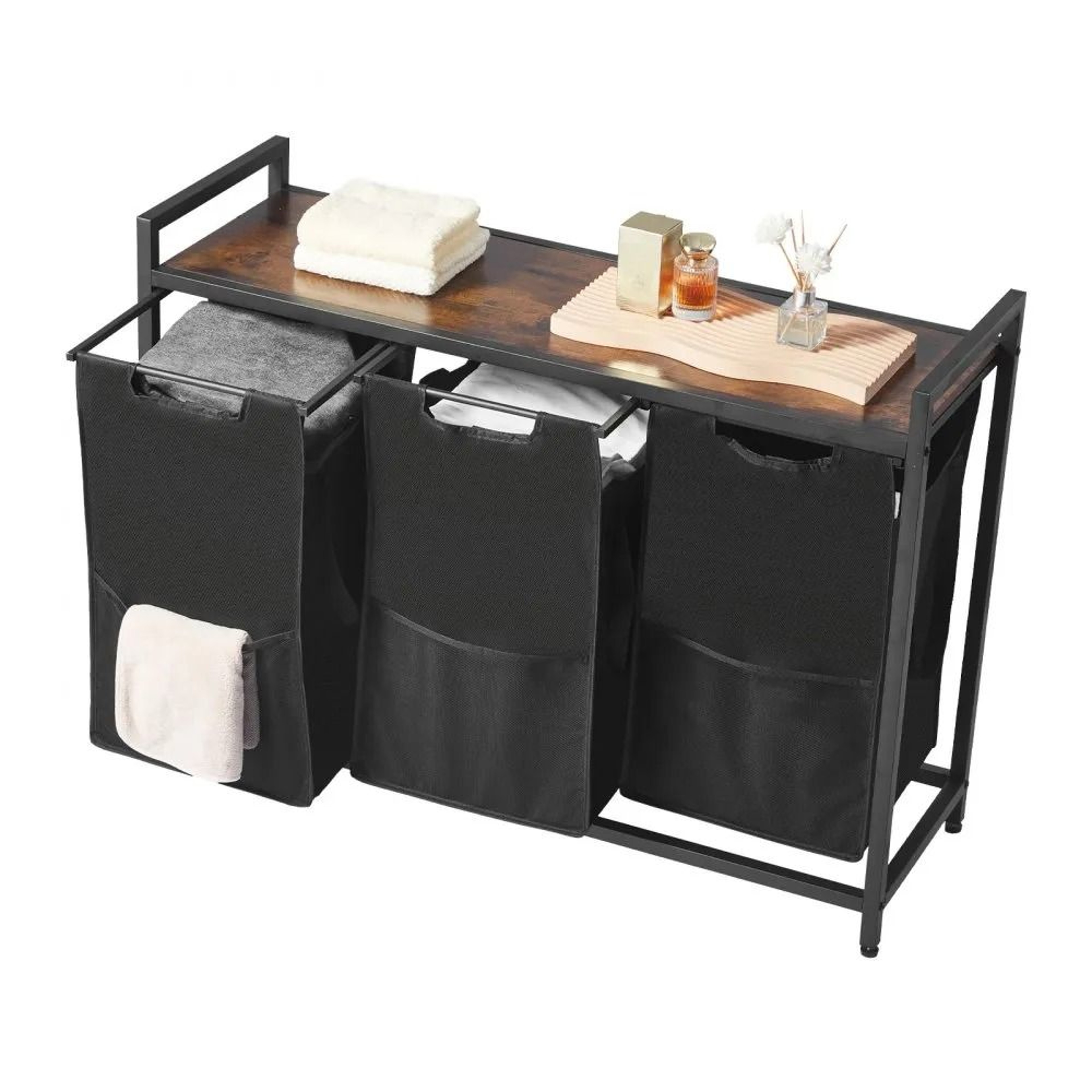 3 Section Laundry Sorter With Pull Out Bags And Wooden Storage Top 0