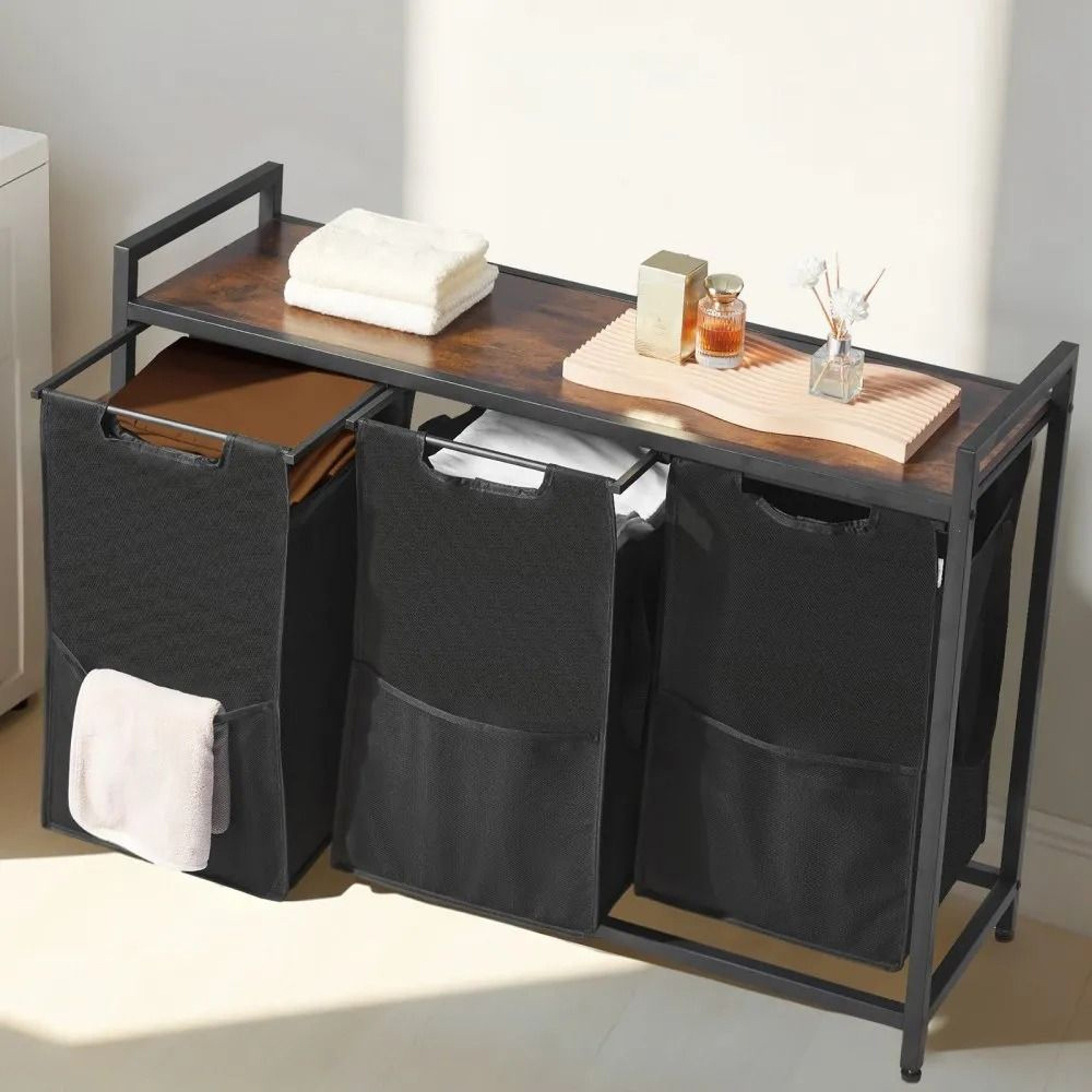 3 Section Laundry Sorter With Pull Out Bags And Wooden Storage Top 6