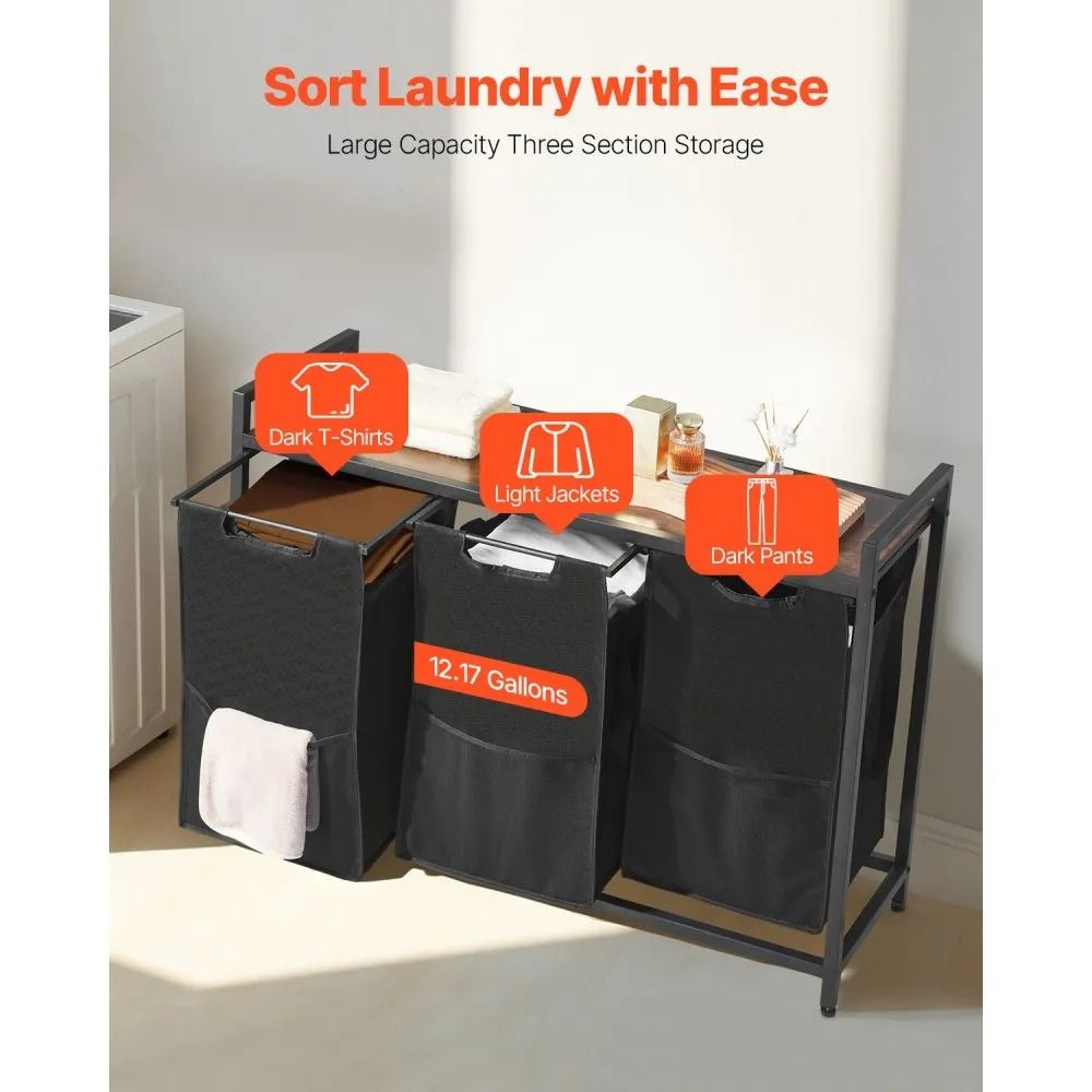3 Section Laundry Sorter With Pull Out Bags And Wooden Storage Top 1