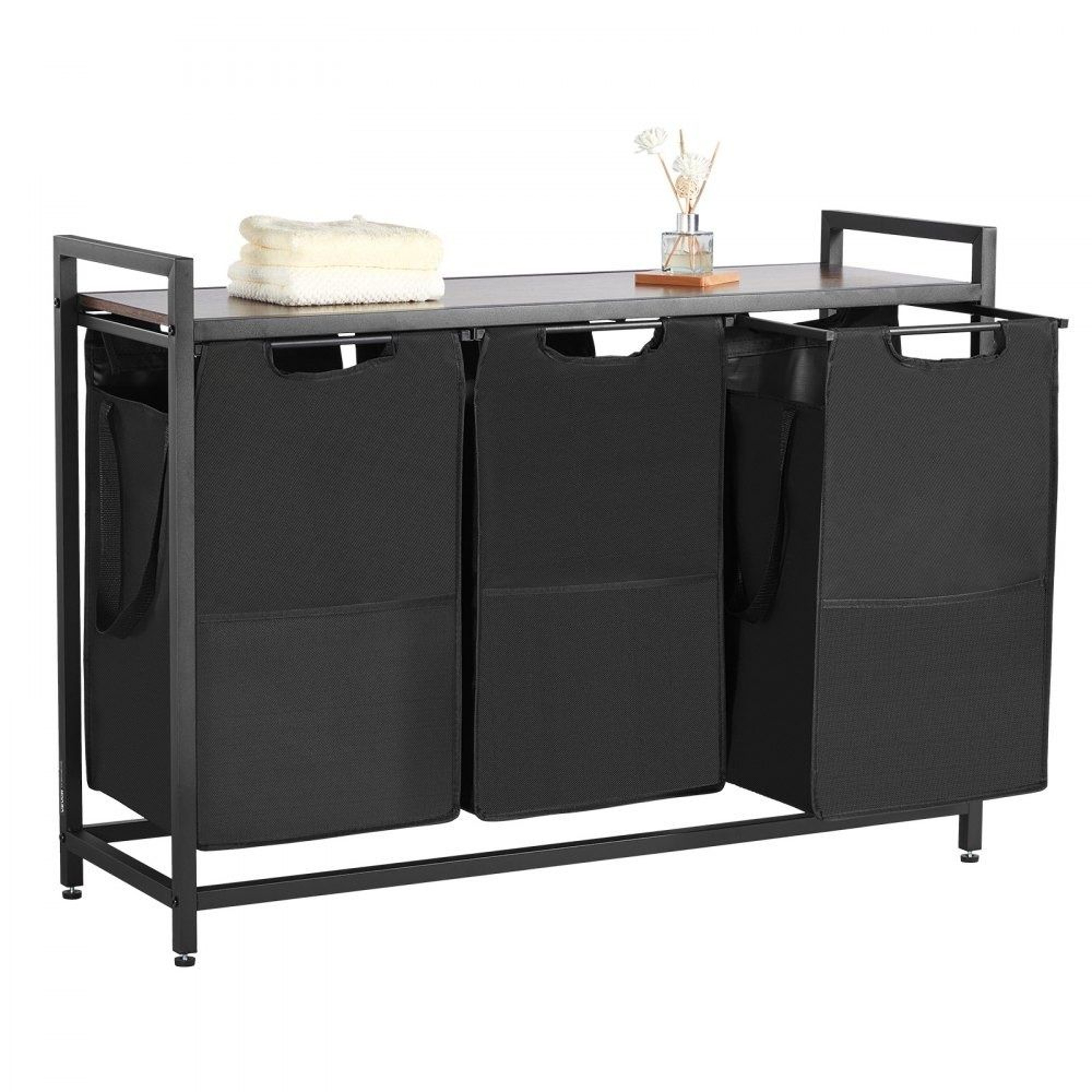 3 Section Laundry Sorter With Pull Out Bags And Wooden Storage Top 7