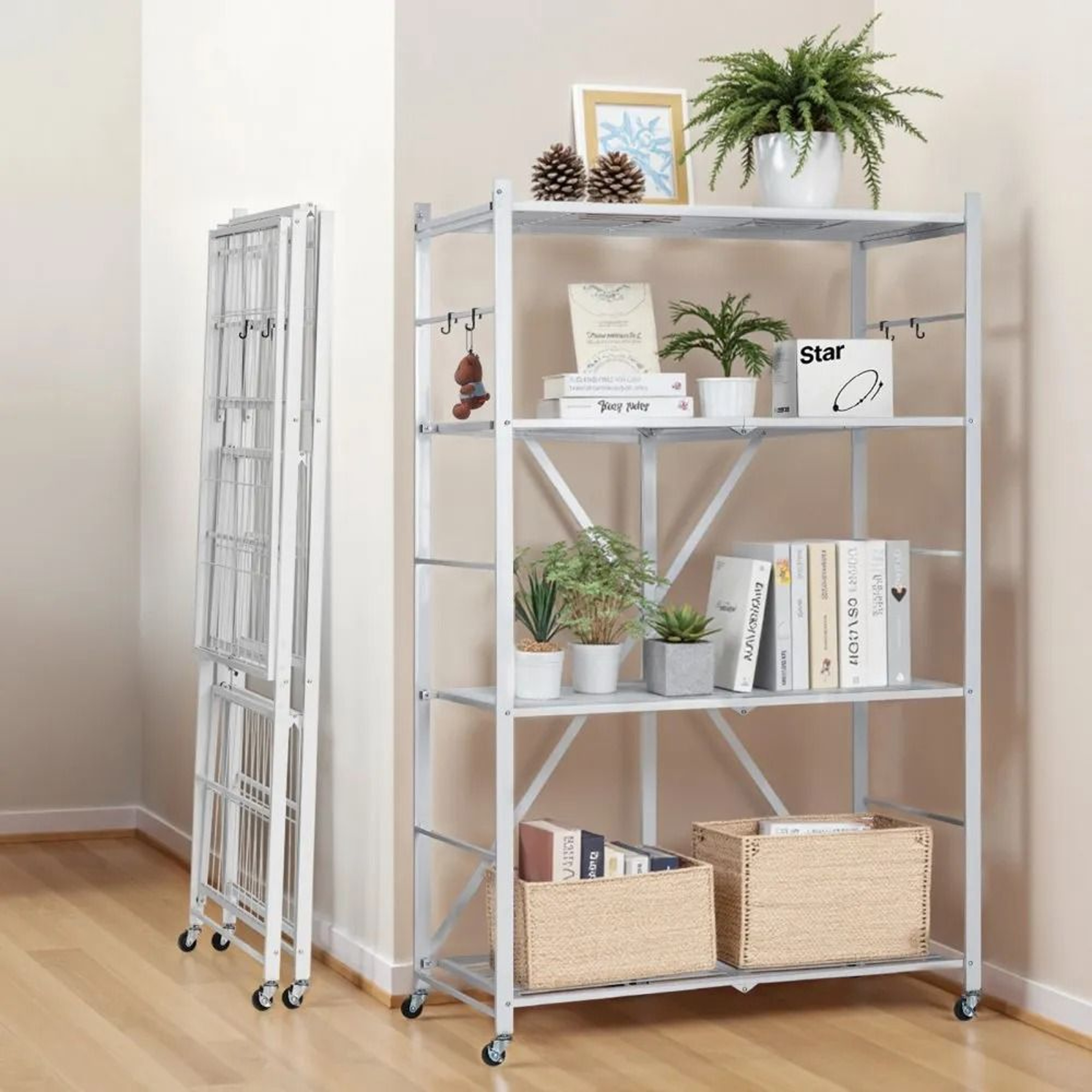 4 Tier Foldable Storage Shelf With Wheels Heavy Duty Metal Organizer Rack 4