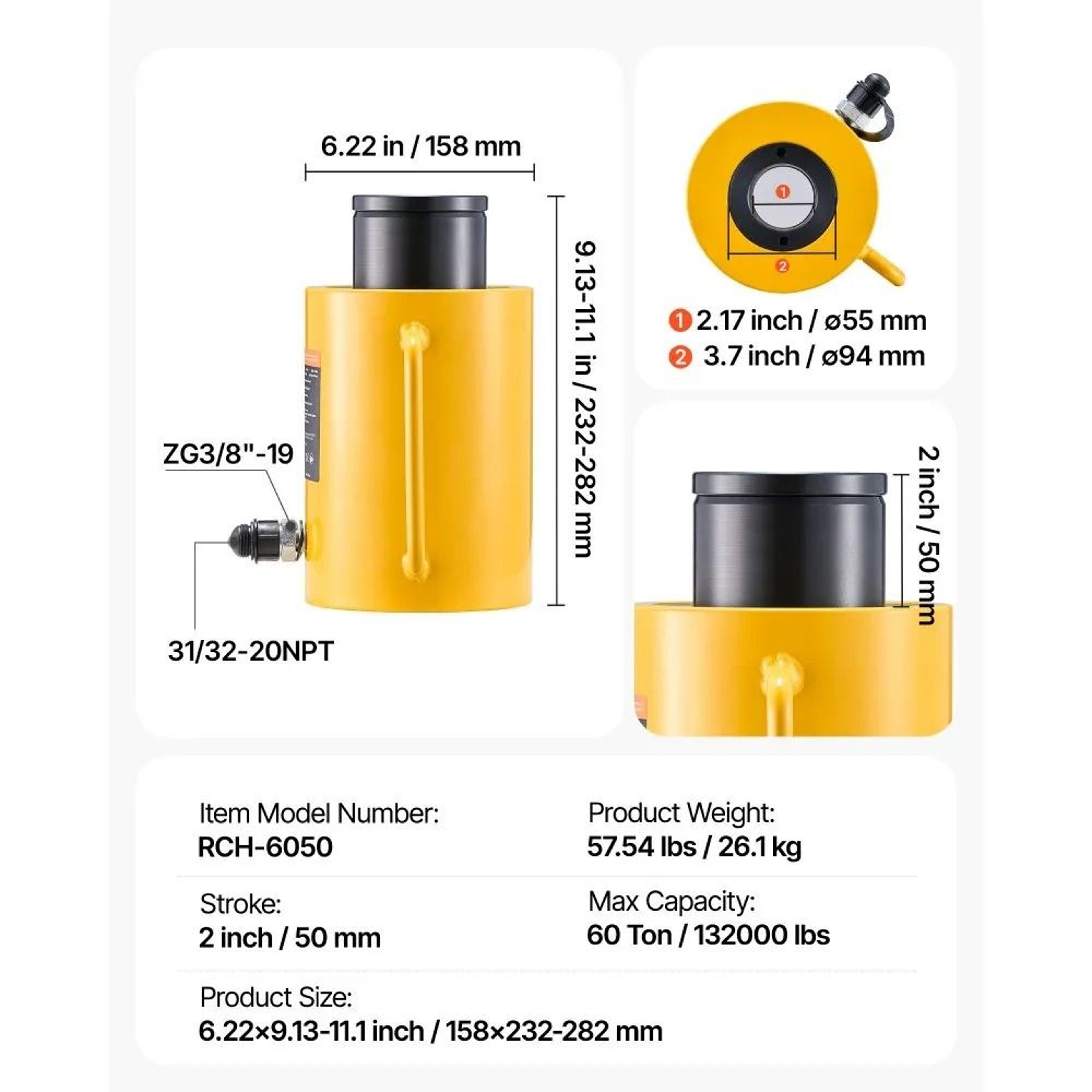 60 Ton Hollow Hydraulic Cylinder Jack With 2 Inch Stroke 6
