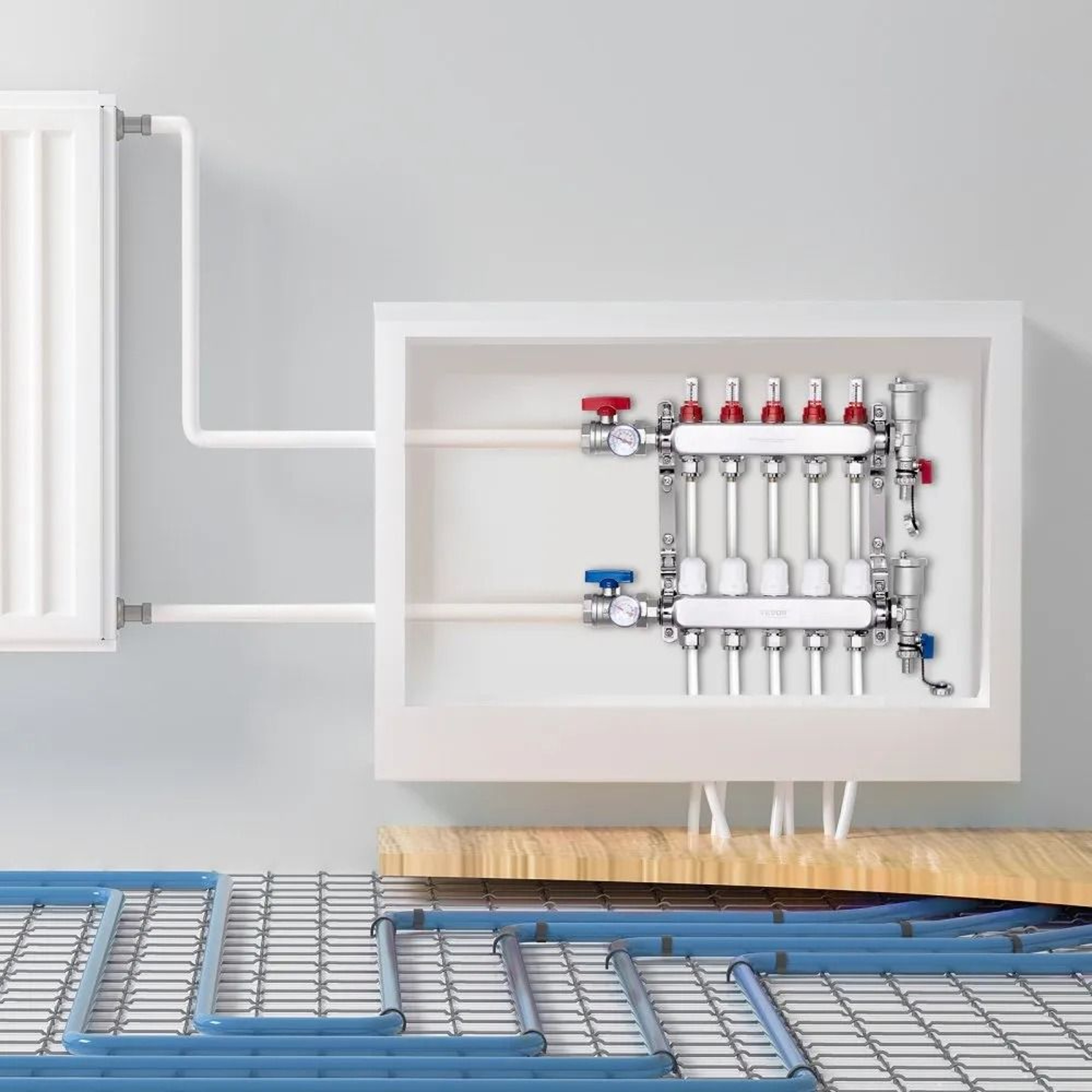 5 Branch Radiant Heat Manifold Stainless Steel PEX Floor Heating Kit 6