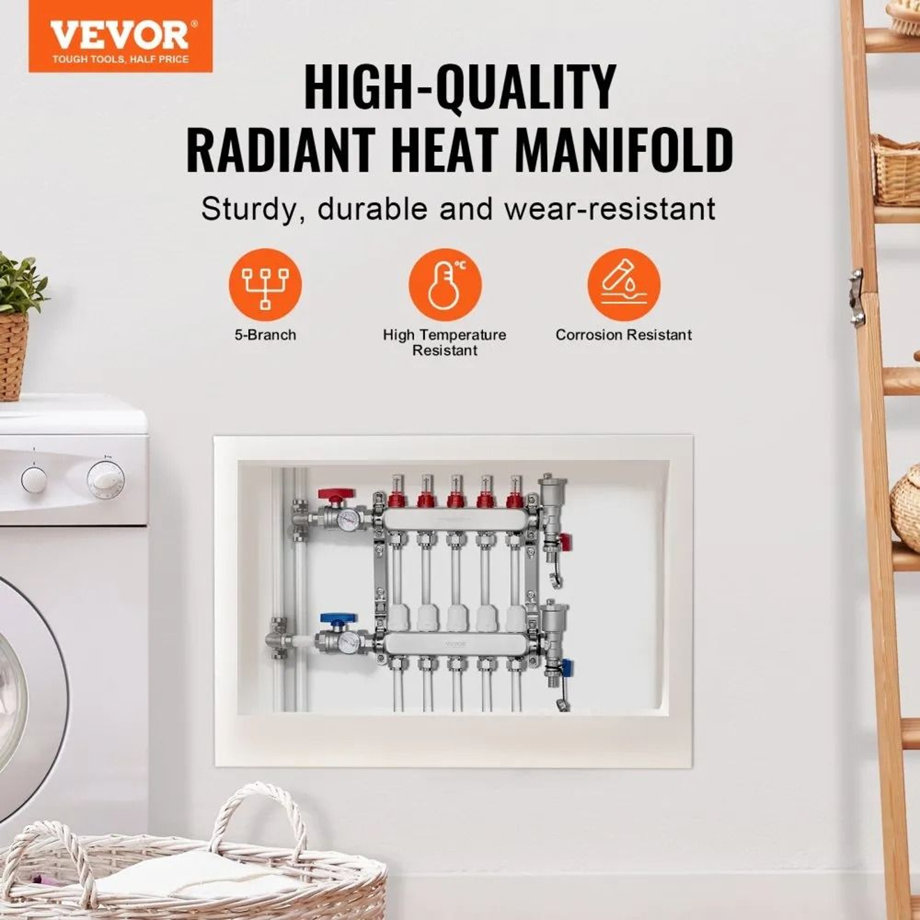 5 Branch Radiant Heat Manifold Stainless Steel PEX Floor Heating Kit 1