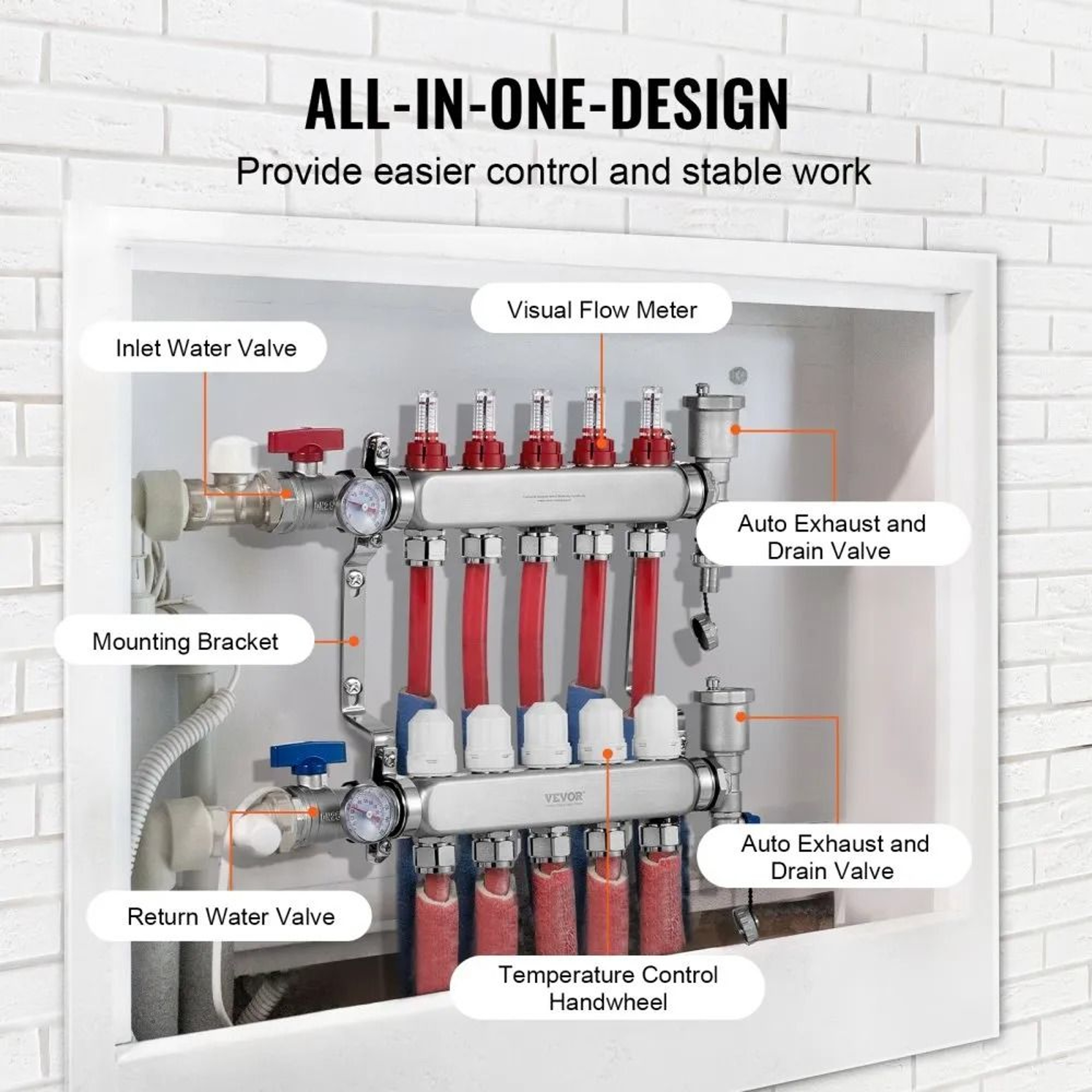 5 Branch Radiant Heat Manifold Stainless Steel PEX Floor Heating Kit 5