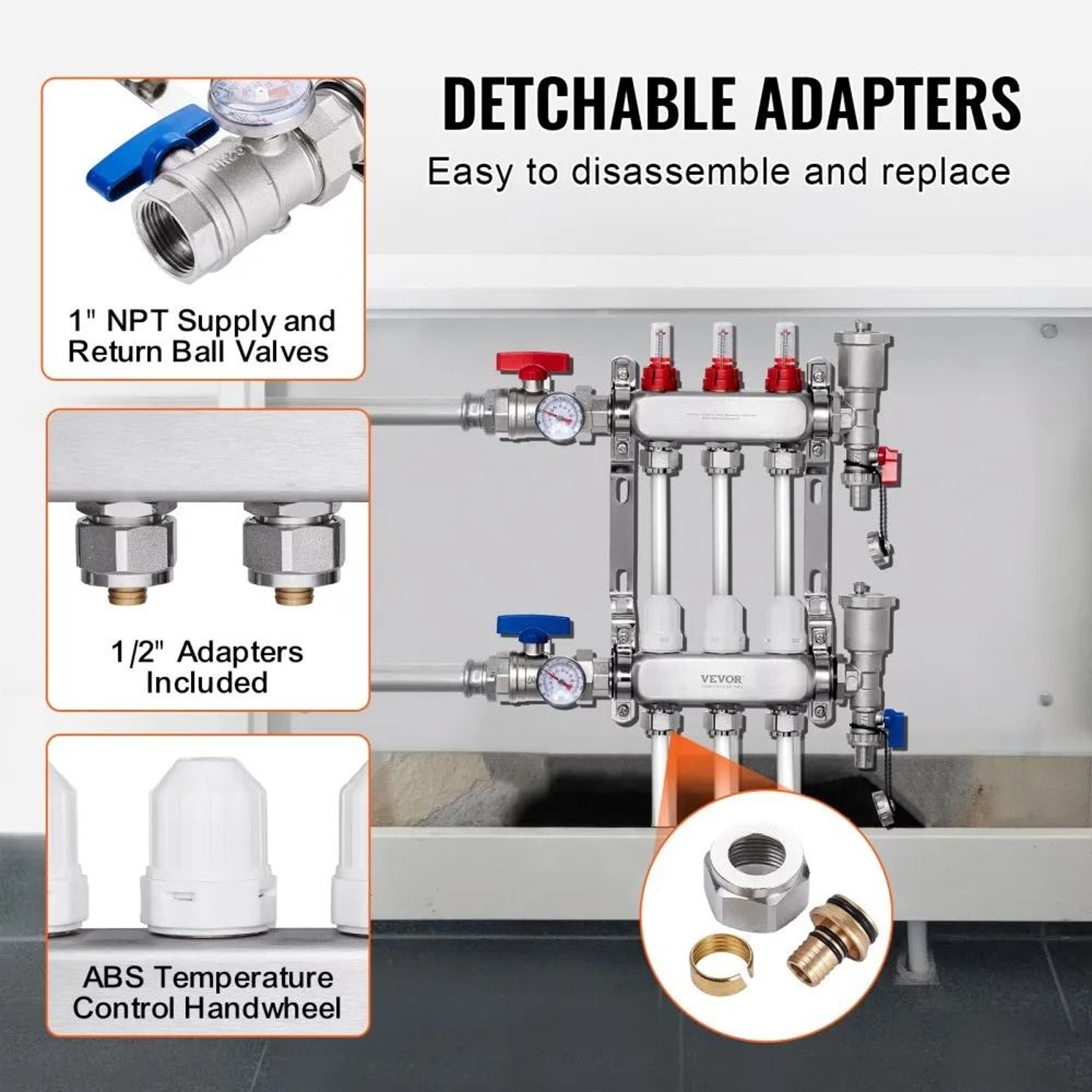 3 Branch Radiant Heat Manifold Stainless Steel PEX Floor Heating Kit 2