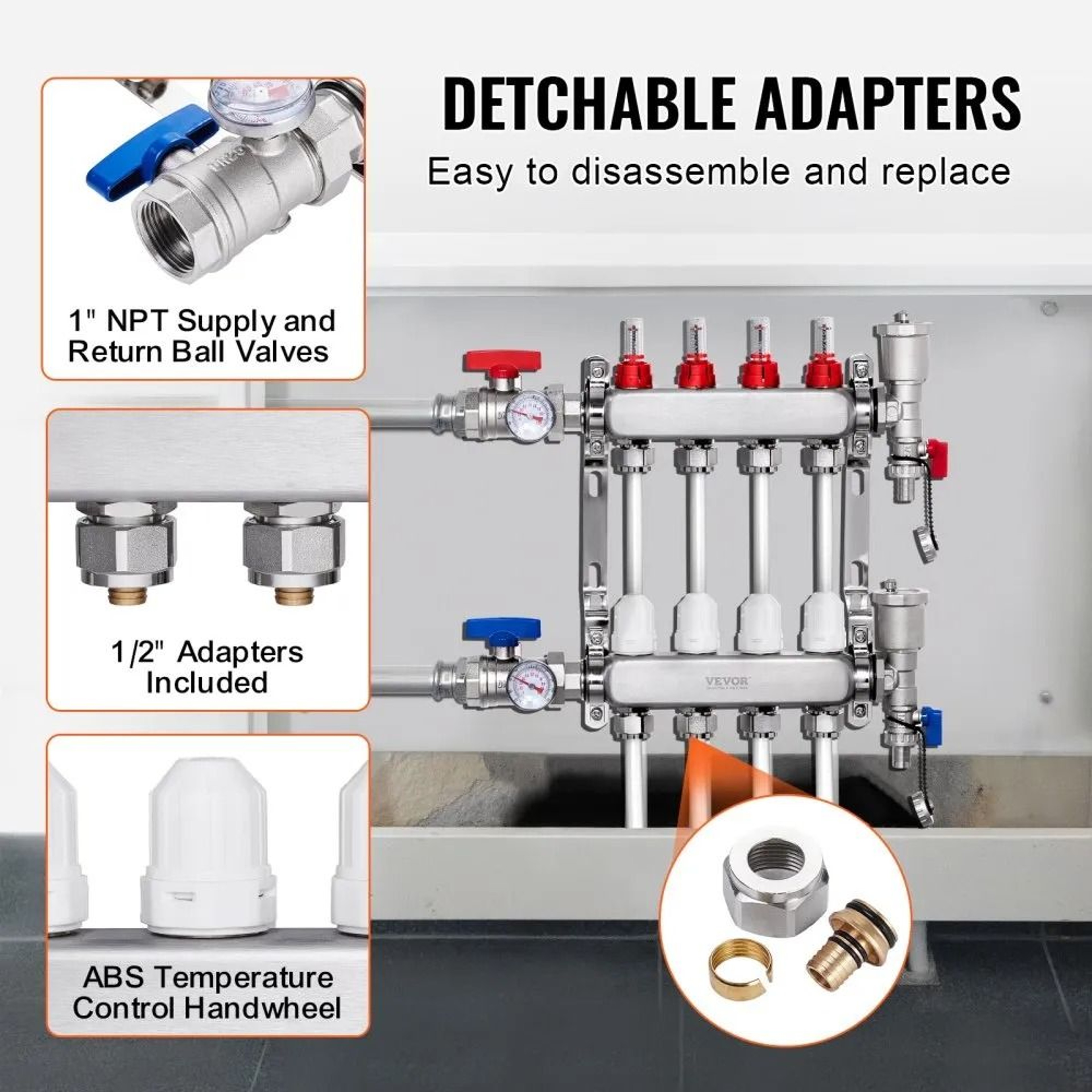 4 Branch Radiant Heat Manifold For 12 Inch PEX Floor Heating Systems 4