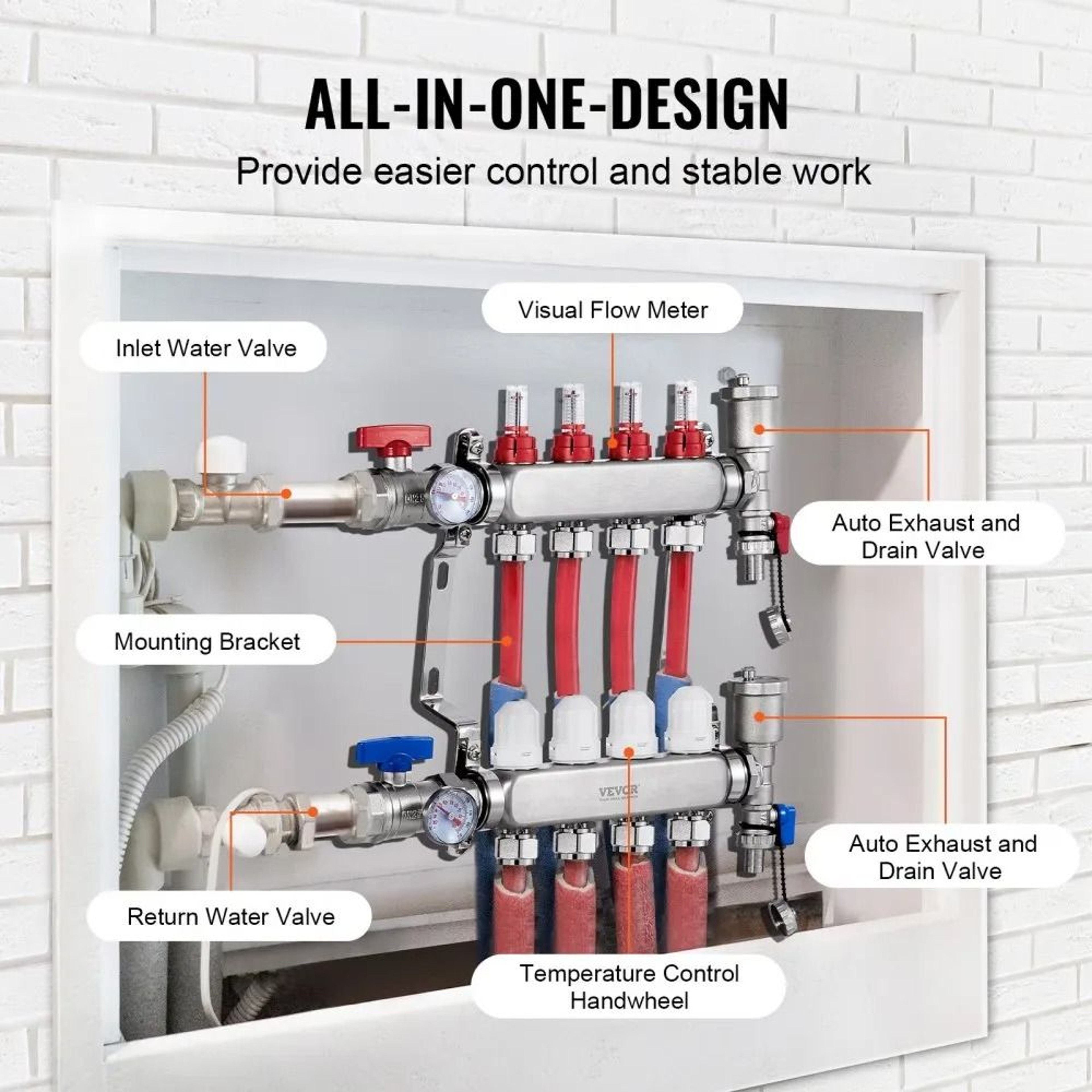 4 Branch Radiant Heat Manifold For 12 Inch PEX Floor Heating Systems 3