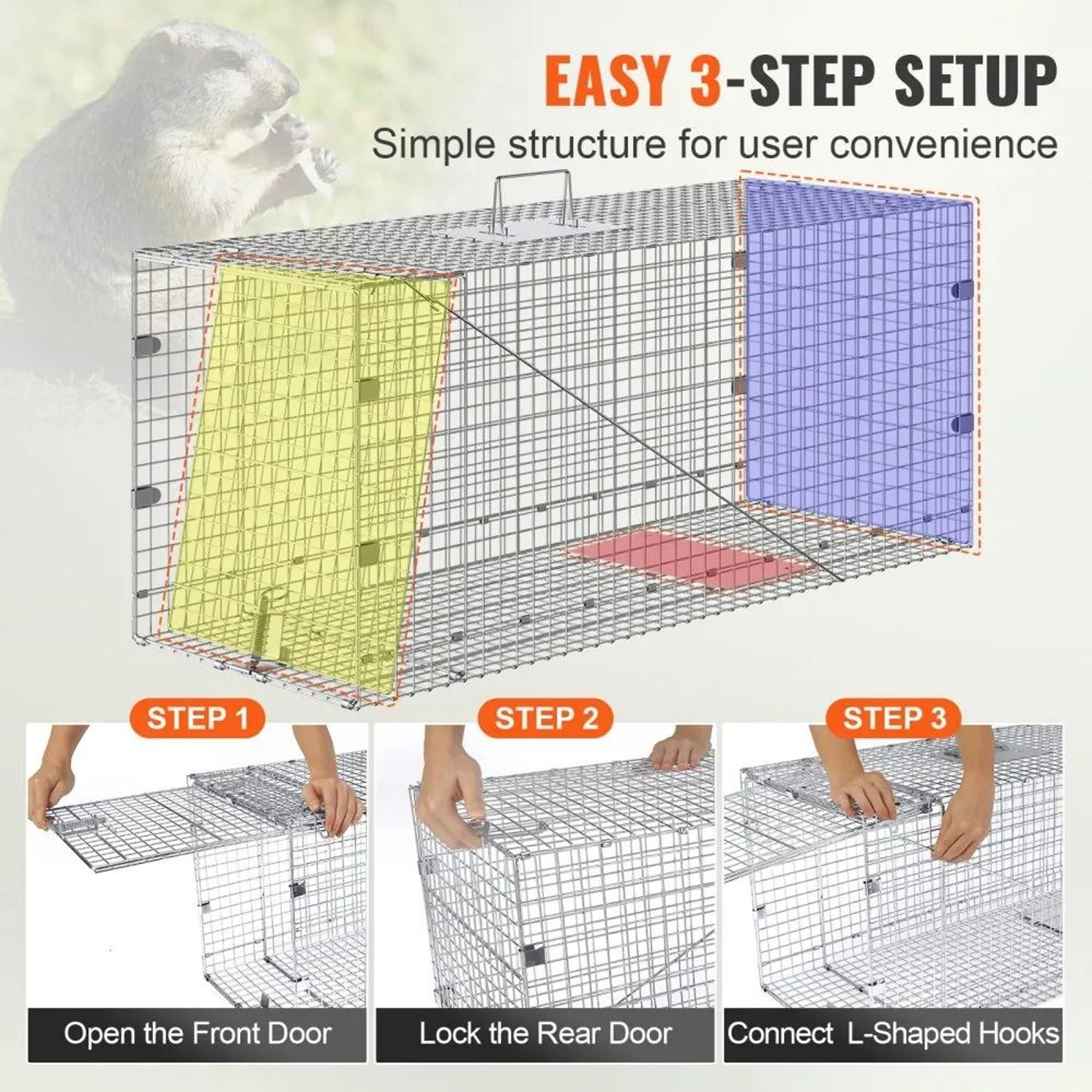 Humane Live Animal Cage Trap Galvanized Folding Trap With Carry Handle 4