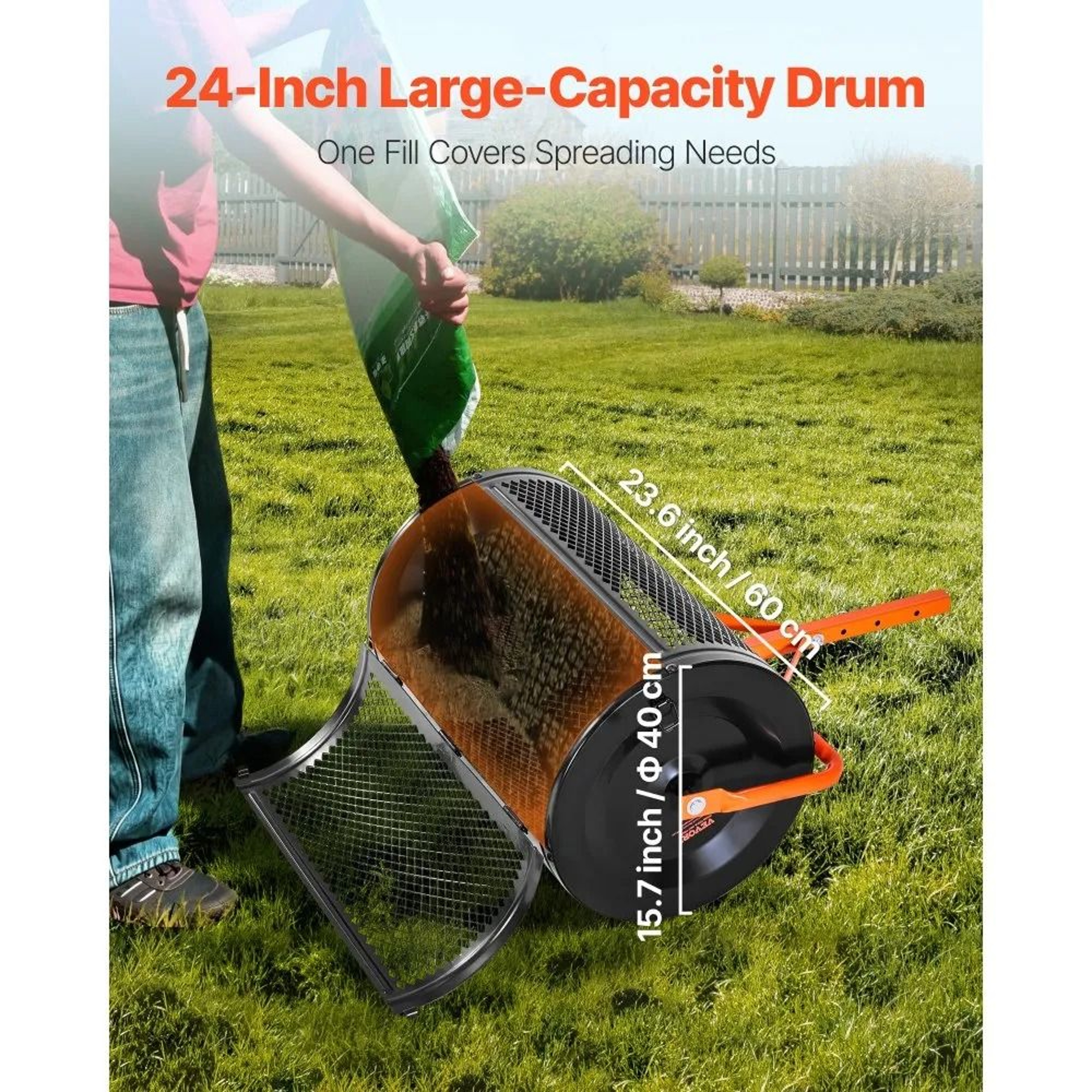 24 Inch Compost Spreader With Adjustable Handle And Peat Moss Roller 2