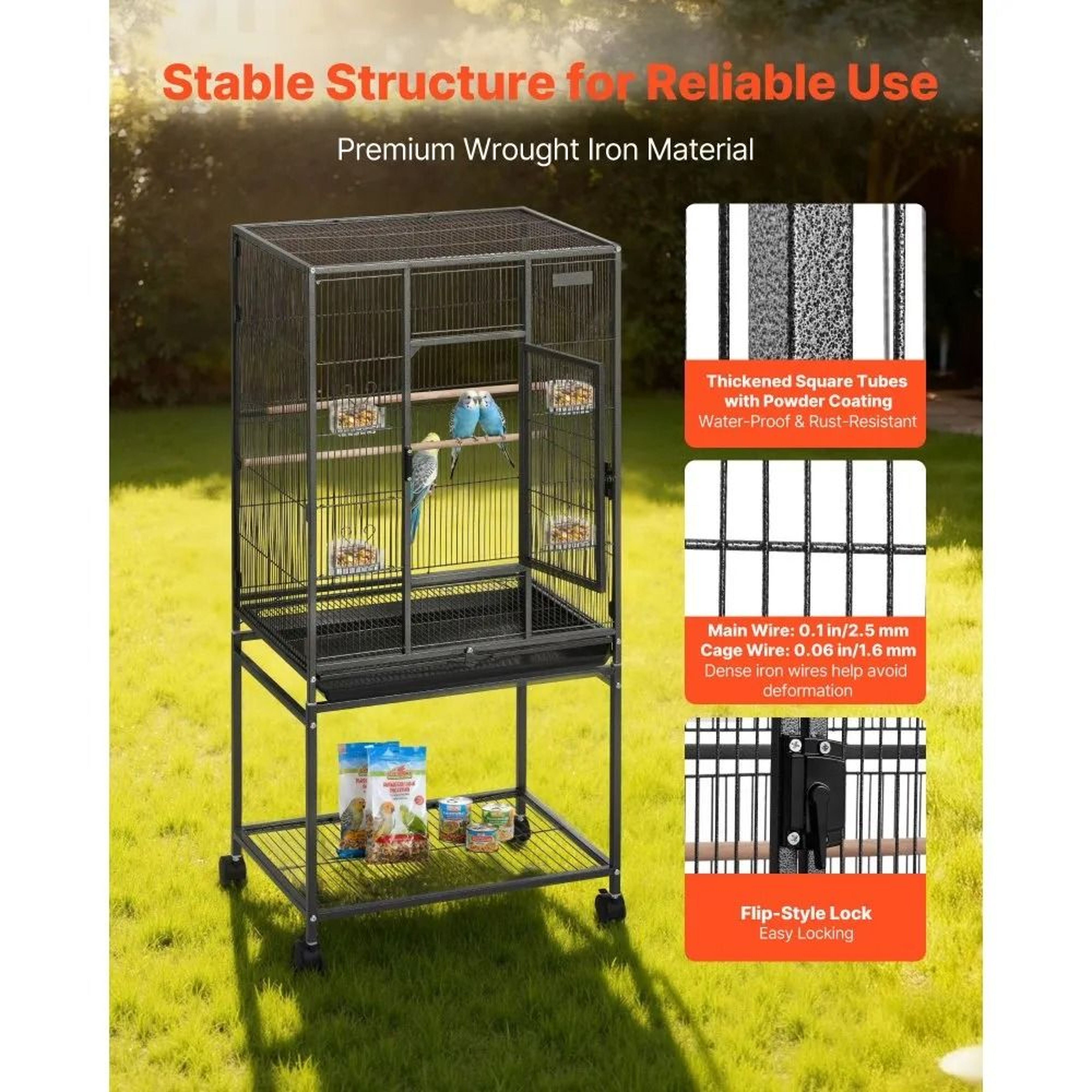 Large Wrought Iron Bird Flight Cage With Rolling Stand And Slide Out Tray 1