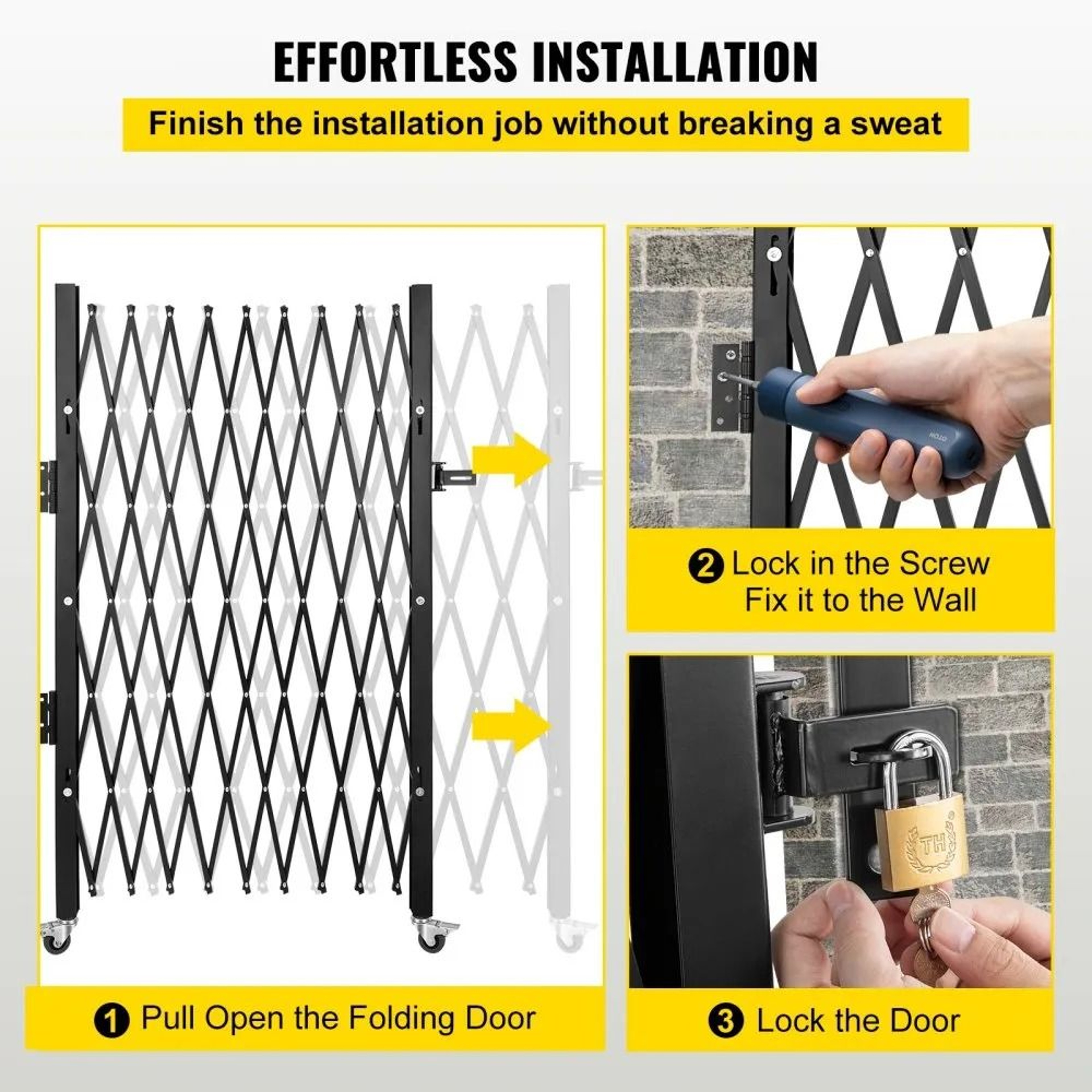 Folding Security Gate 7 Ft Steel Accordion Expanding Gate With Rolling Casters And Padlock 2