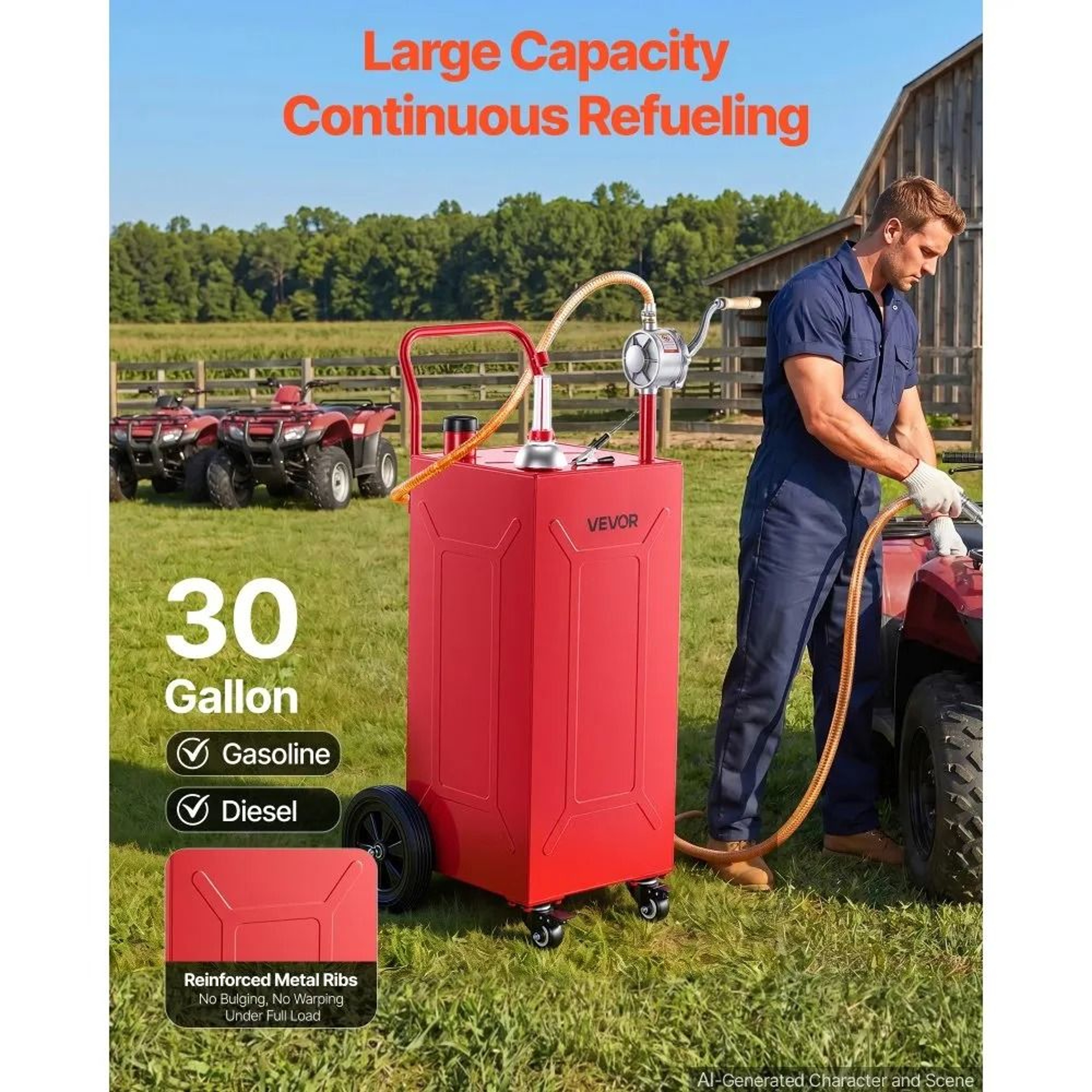 30 Gallon Portable Fuel Gas Caddy With Manual Pump And 4 Wheels 1