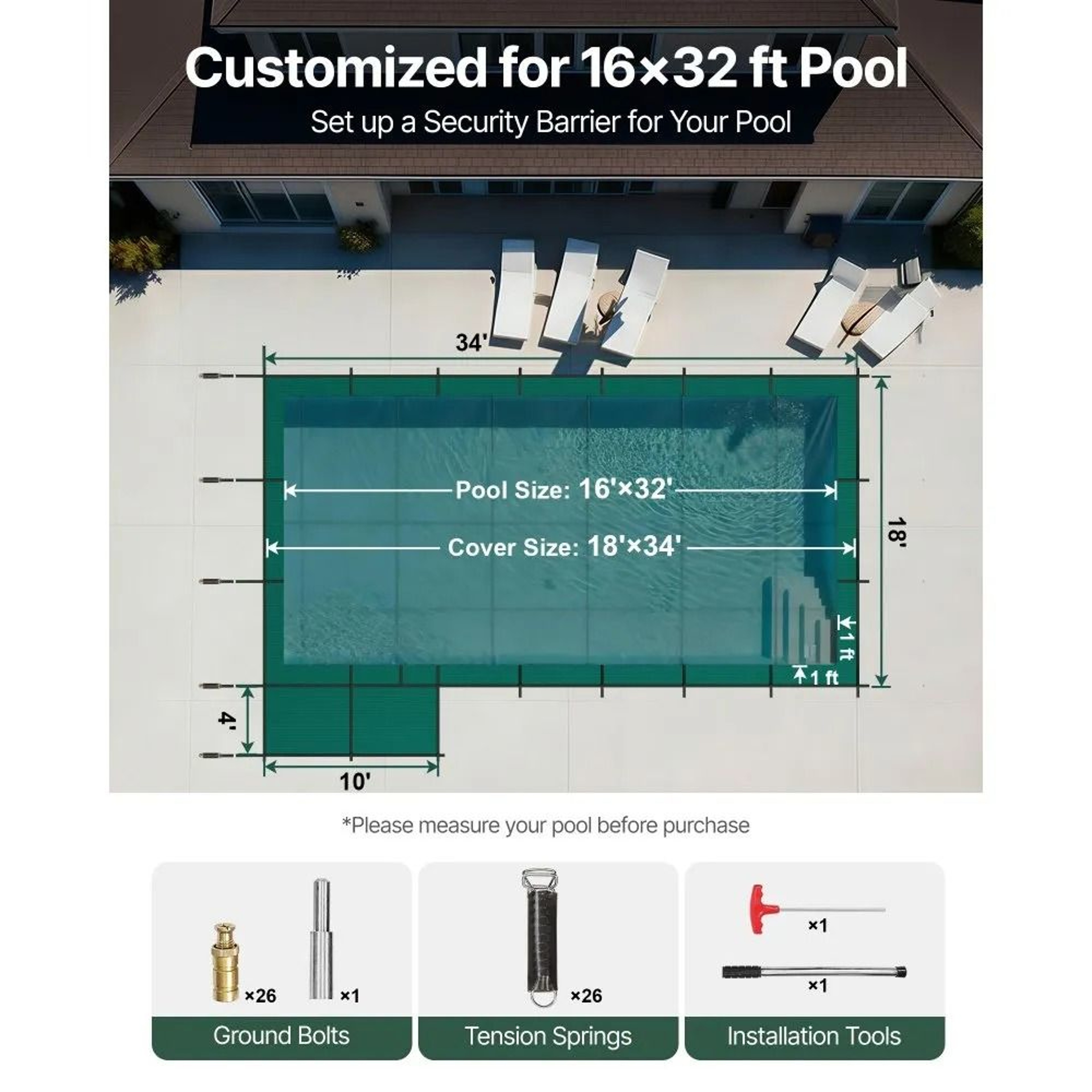 Inground Pool Safety Cover 18 X 34 Ft Winter Mesh Cover With Hardware 2