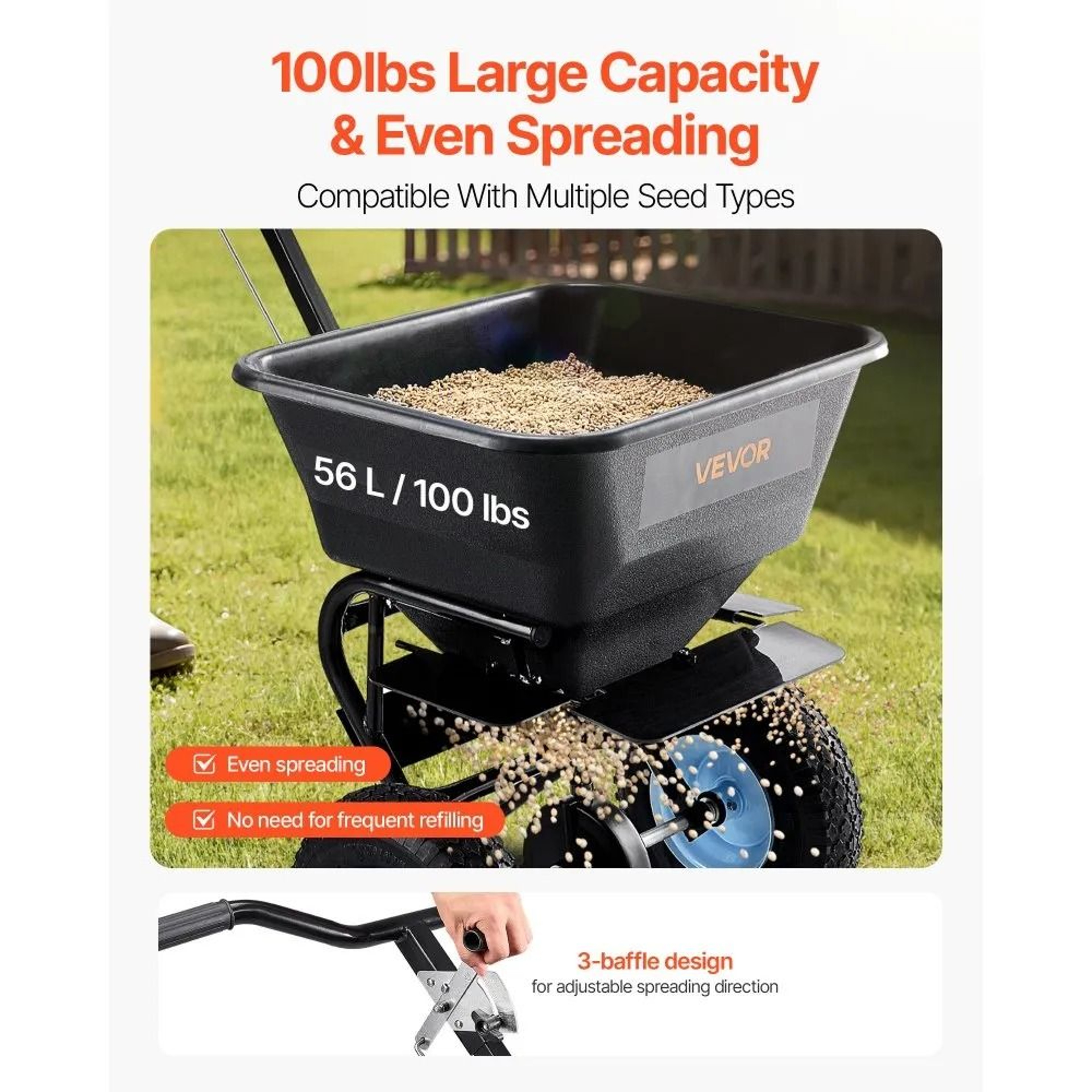 100 Lb Broadcast Spreader With 13 Inch Pneumatic Tires And Adjustable 98 Ft Spread 1