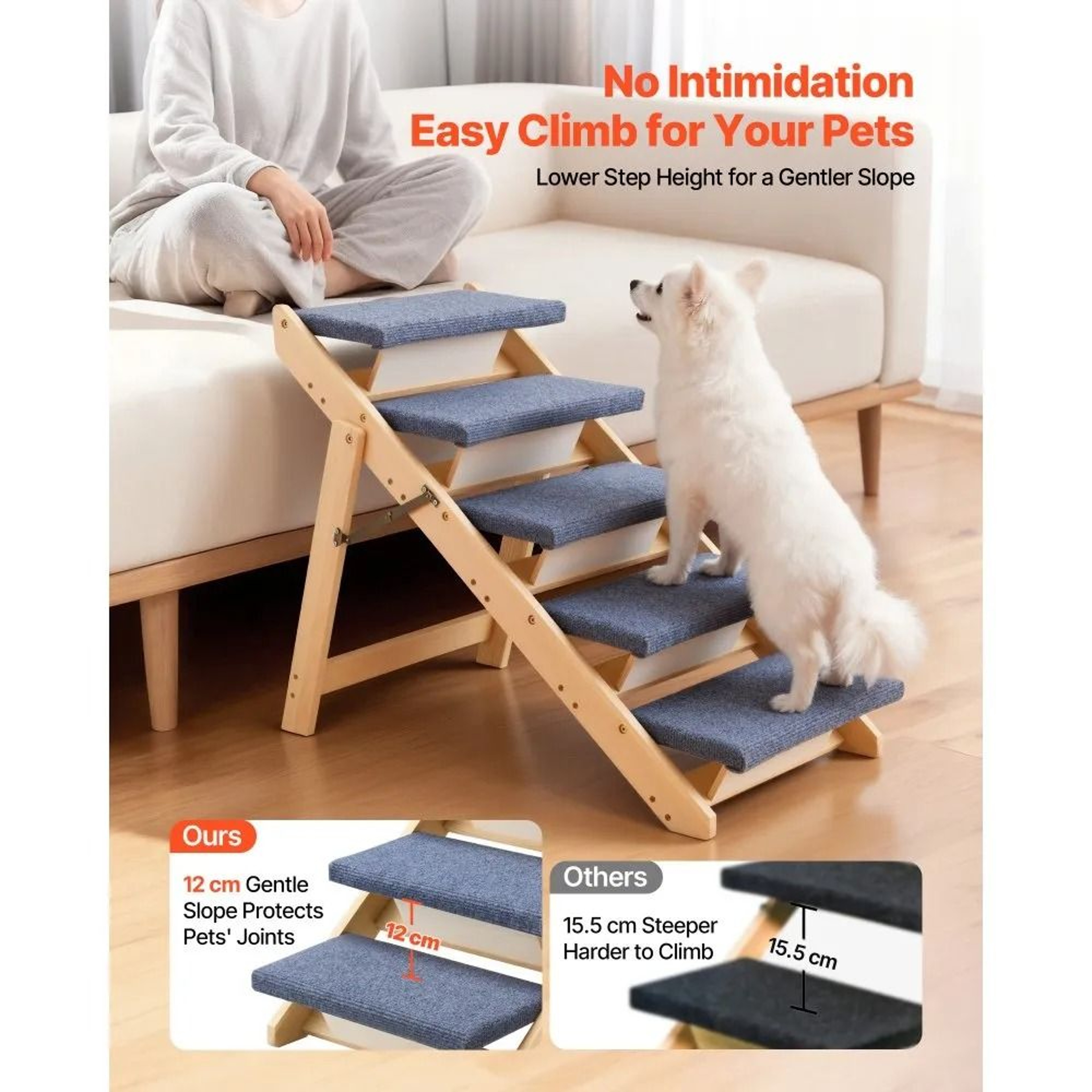 5 Step Foldable Wooden Dog Stairs With Non Slip Pet Steps For Beds Sofas And Cars 2
