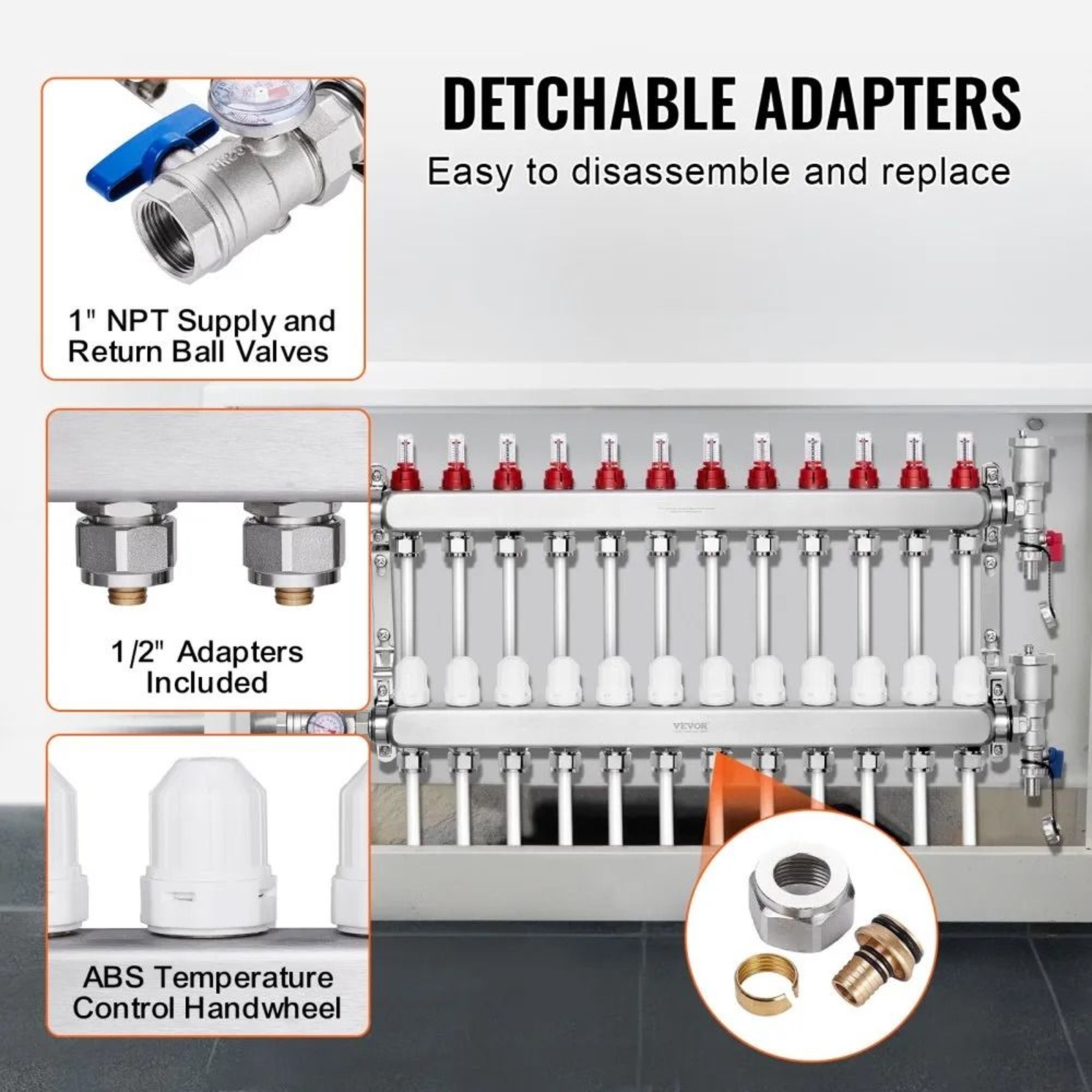 12 Branch Radiant Heat Manifold Stainless Steel PEX Manifold For Hydronic Floor Heating 1