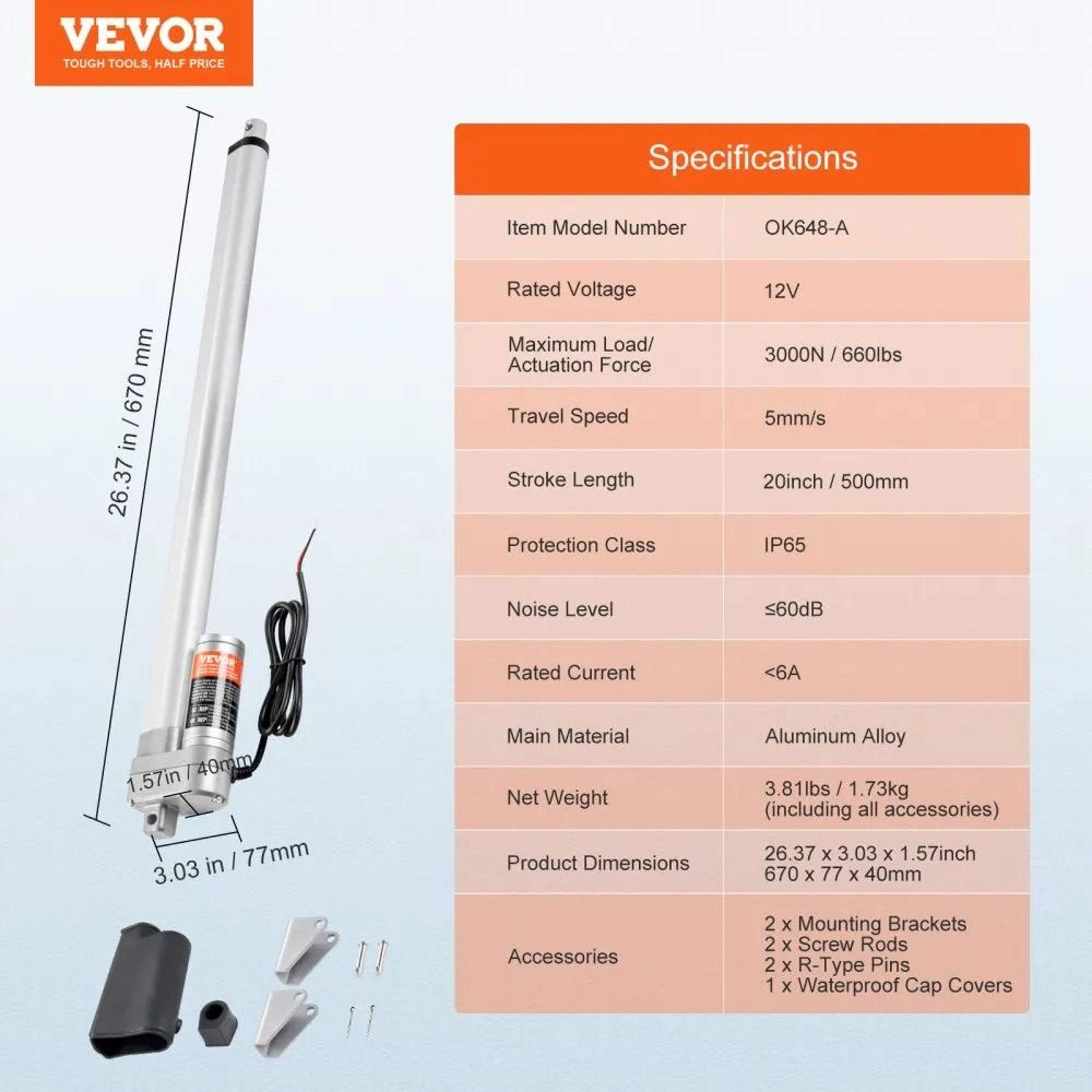 Heavy Duty 12V Linear Actuator 20 Inch Stroke IP65 Waterproof 660lb Electric Motion Lift 2